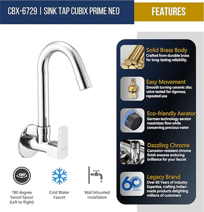 Cubix Prime Neo Sink Tap (Full Brass) - by Kamal
