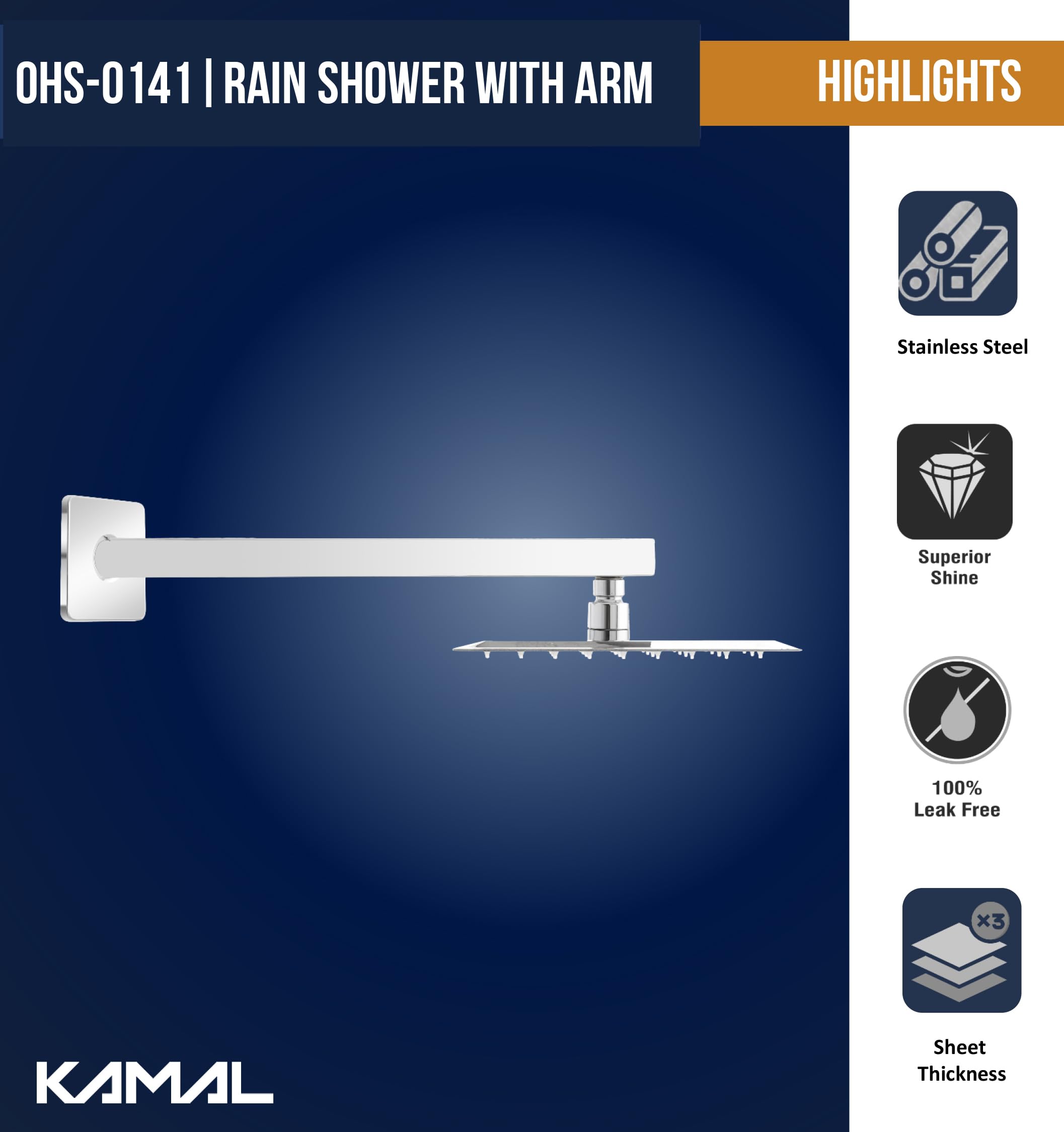 Ultra Slim Rain Shower Stainless Steel Shower Arm - by Kamal