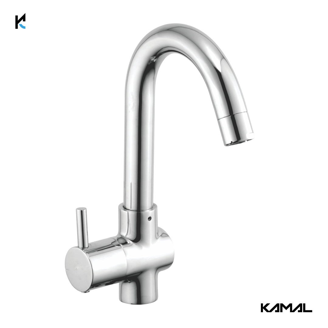 Flora Deck Mounted Swan Neck Pillar Tap (Full Brass) - by Kamal