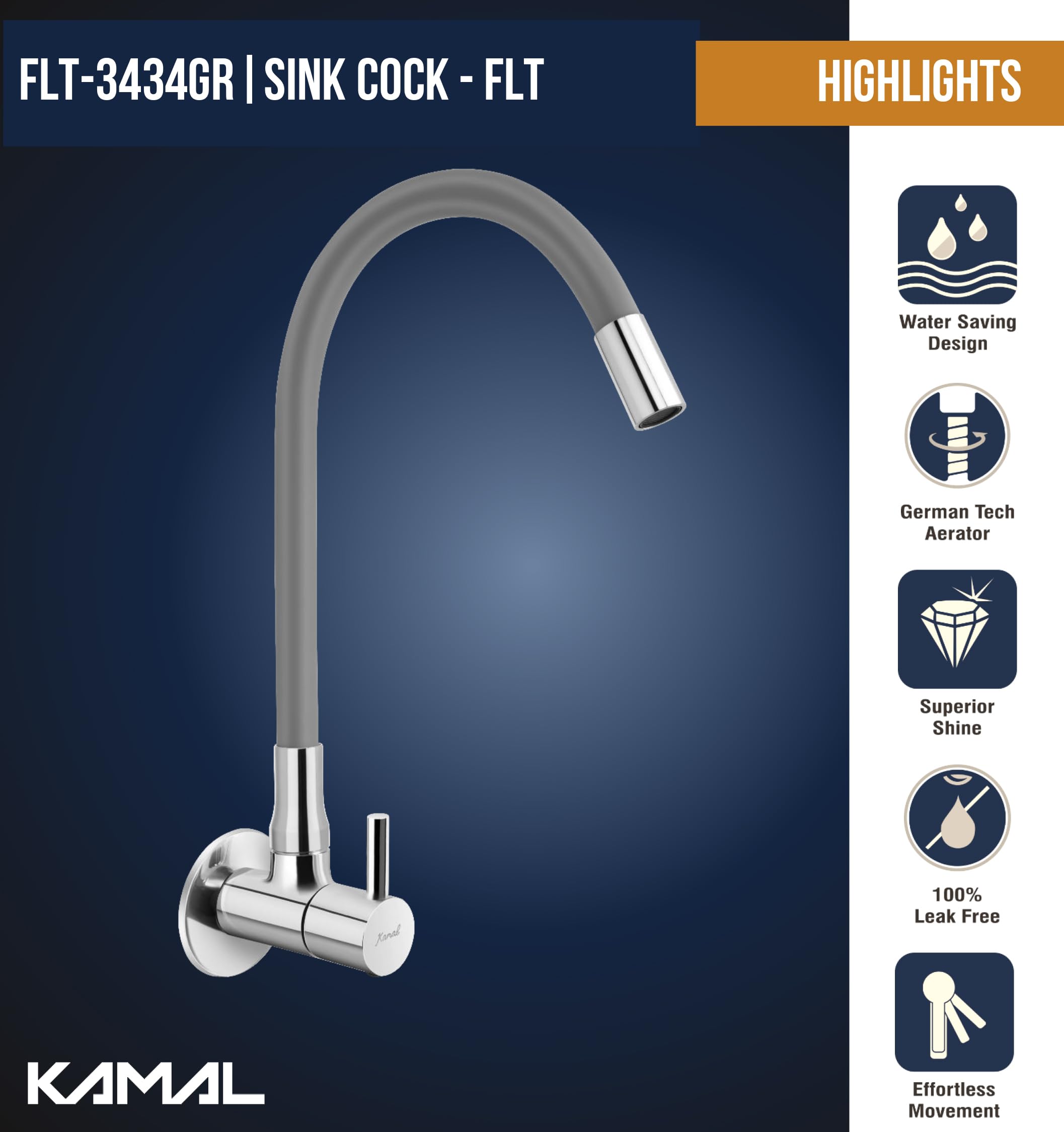 FLT Sink Tap with Onyx 360 Degree Fully Flexible Spout (Brass & Silicone) - by Kamal