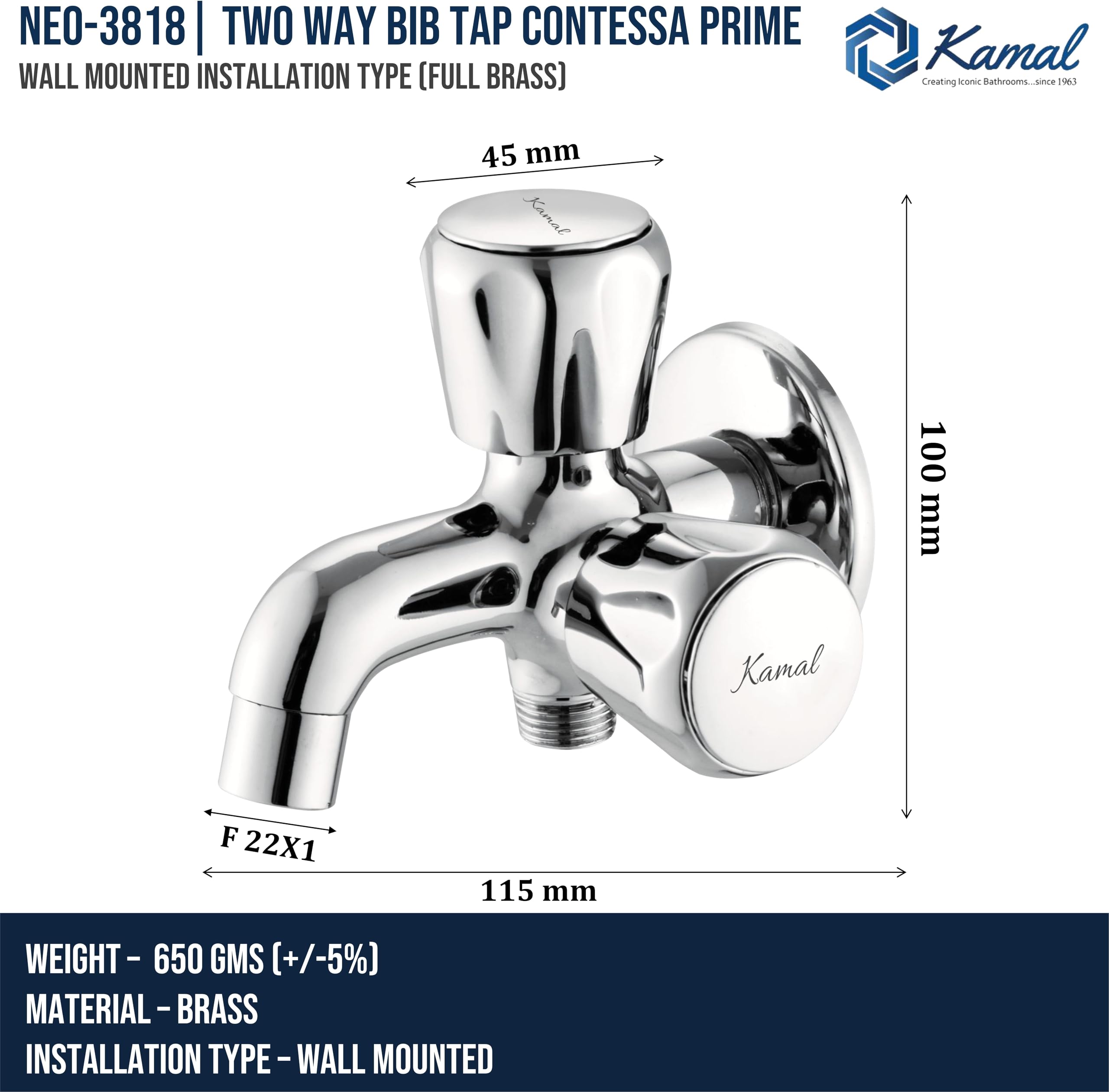 Contessa Prime Two Way Bib Tap (Full Brass) - by Kamal