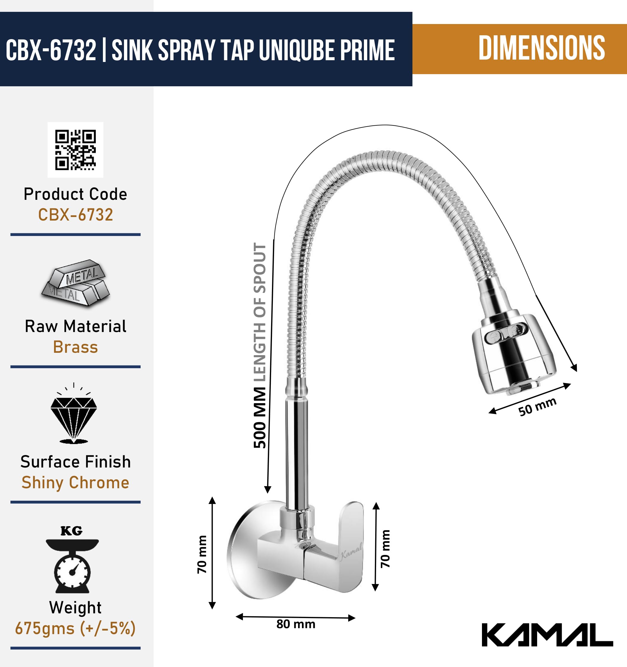 Cubix Prime Sink Spray Tap (Brass & SS Steel) - by Kamal