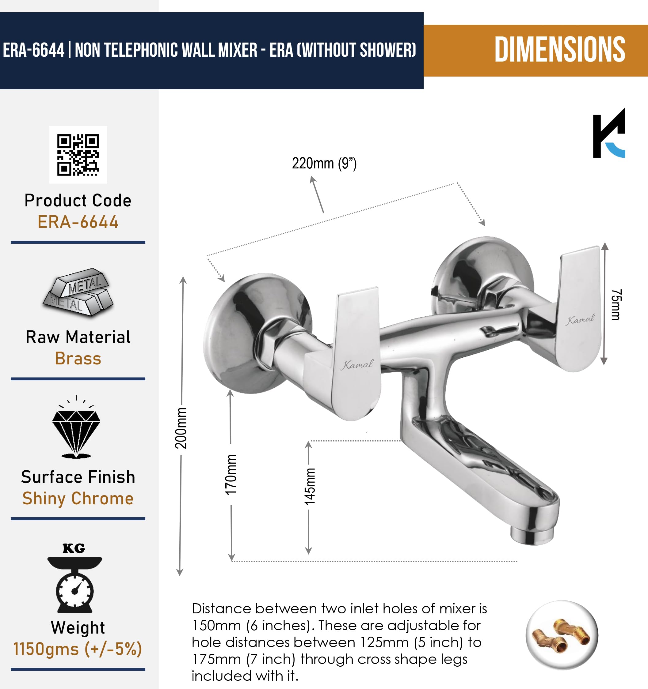 Era Non Telephonic Wall Mixer (Full Brass) - by Kamal