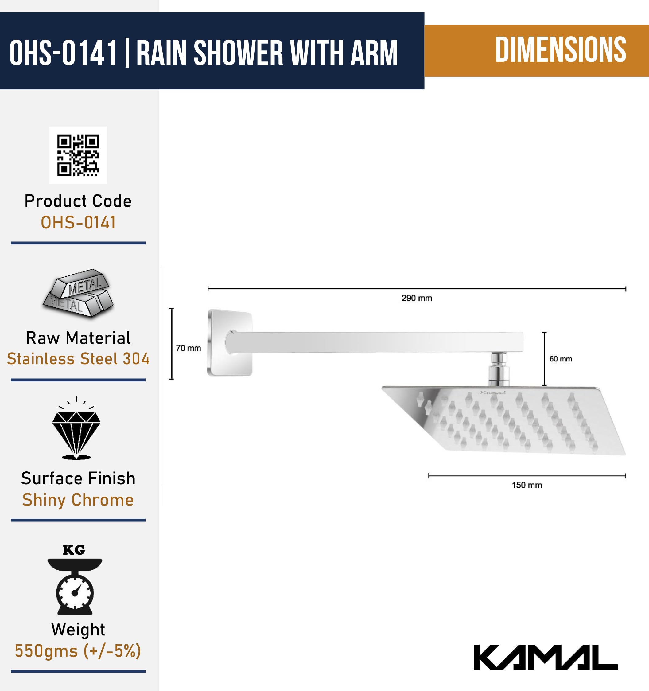 Ultra Slim Rain Shower Stainless Steel Shower Arm - by Kamal