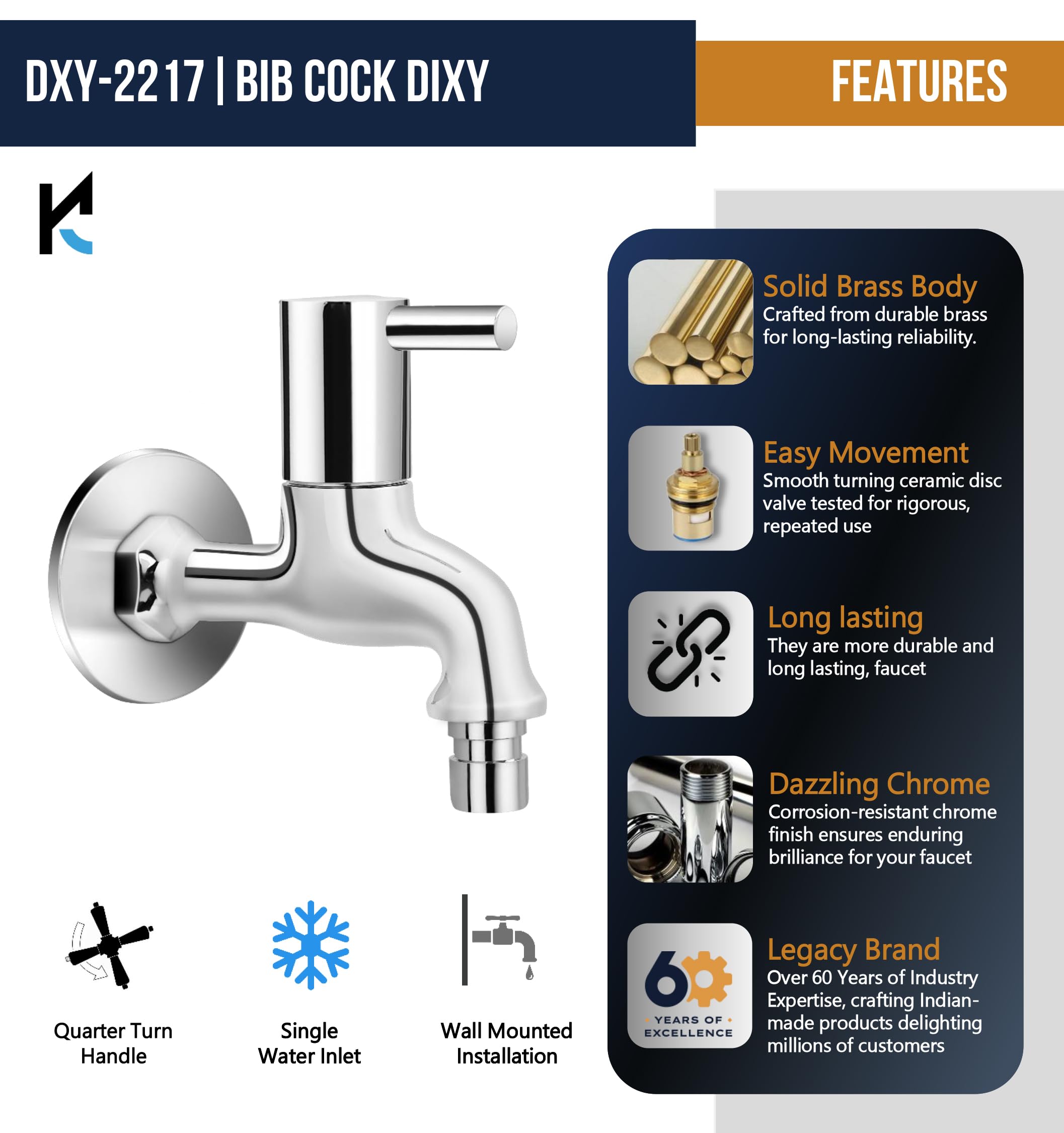 Dixy Washing Machine Bib Tap Faucet with Wall Flange (Full Brass) - by Kamal