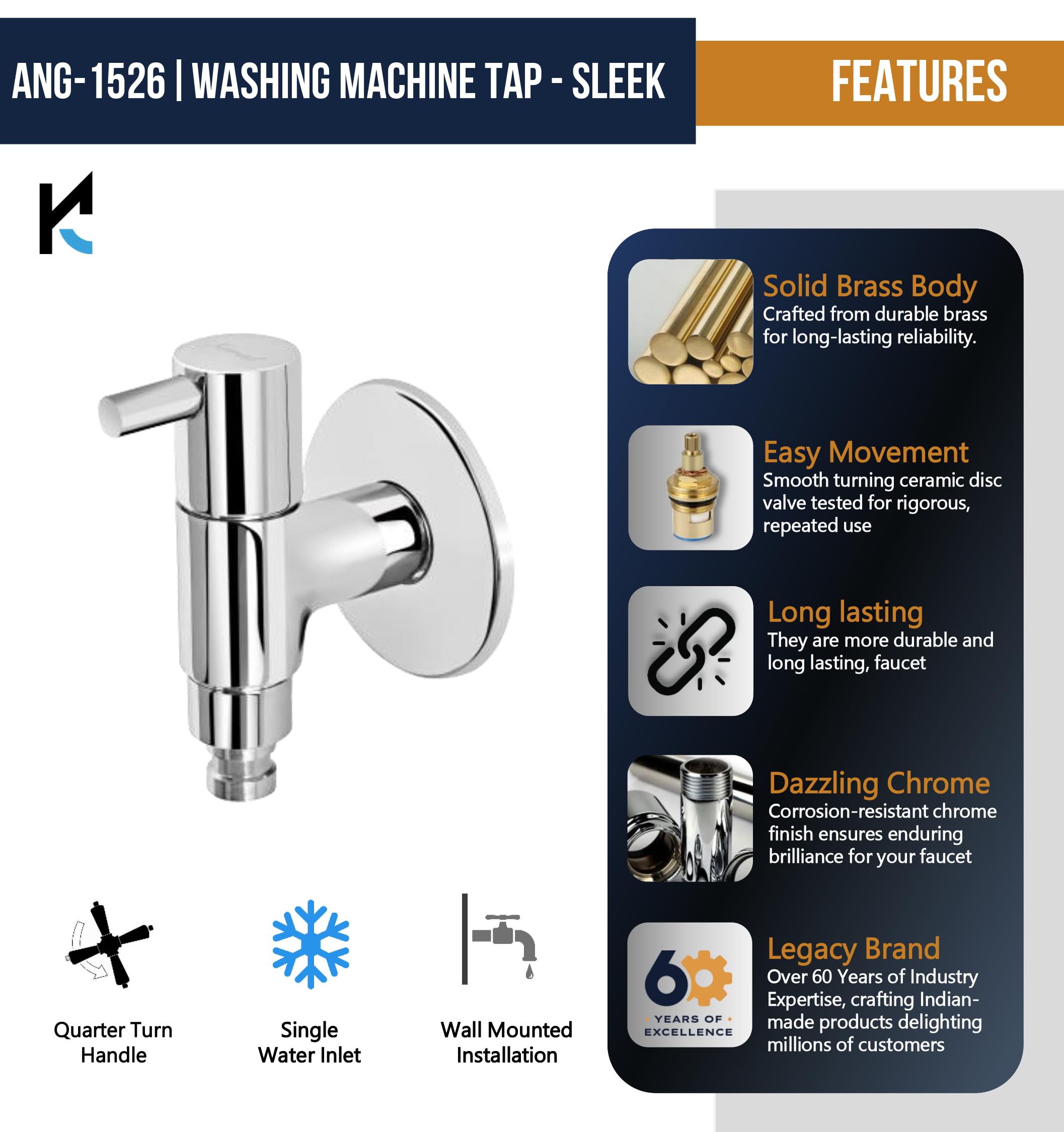 Washing Machine Bib Tap Sleek (Full Brass) - by Kamal