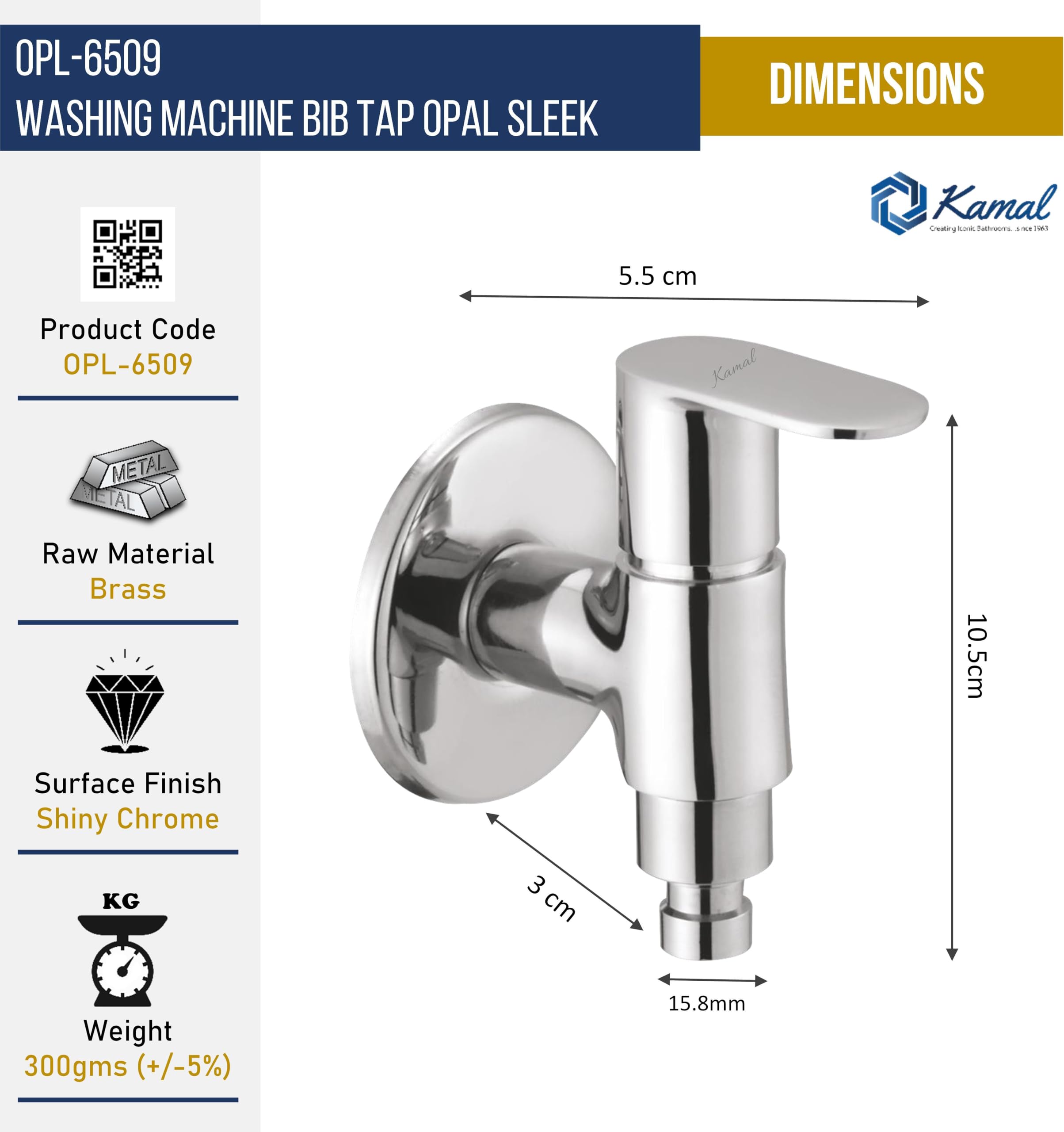Opal Sleek Washing Machine Bib Tap (Full Brass) - by Kamal