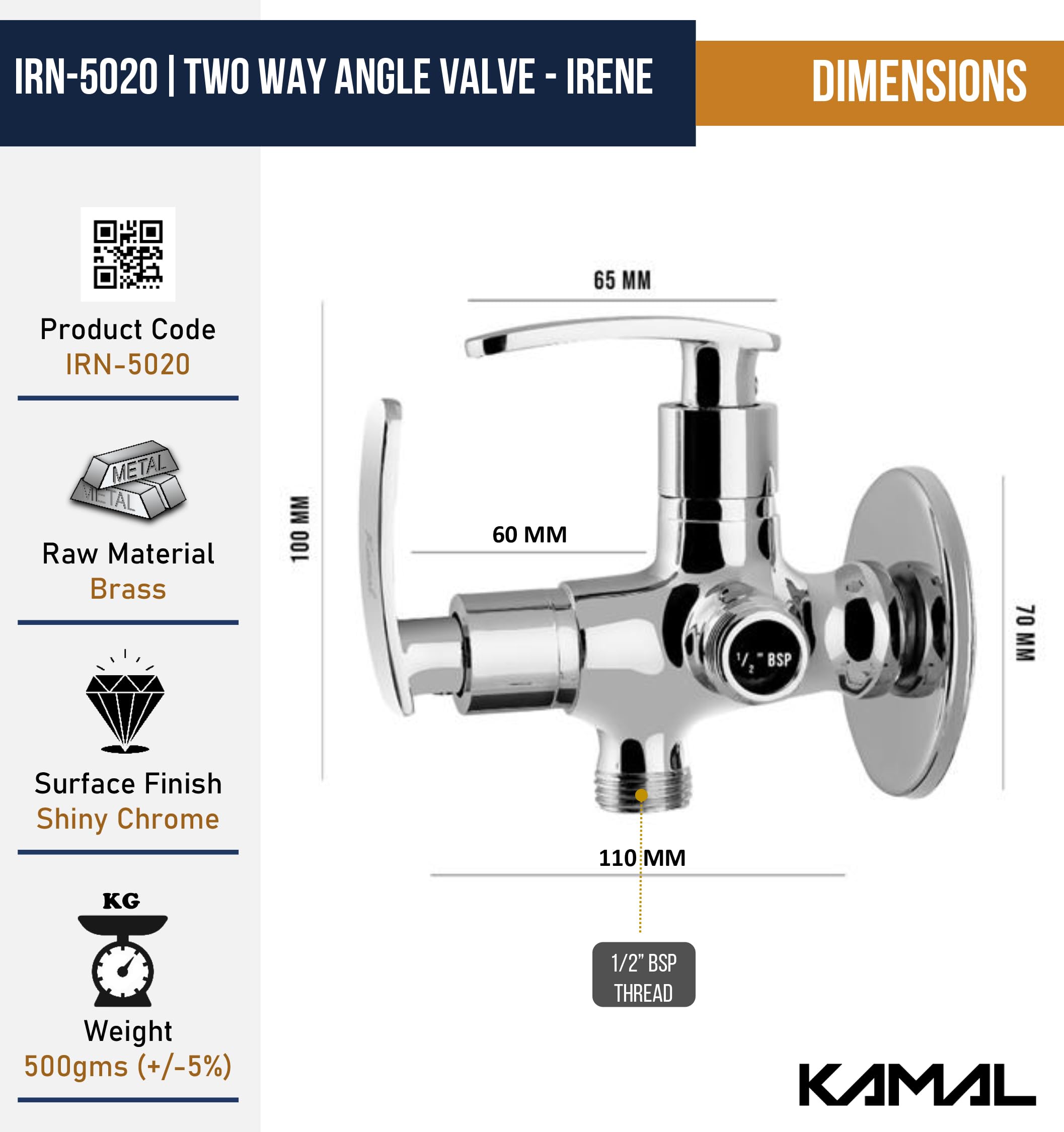 Irene Two in One Angle Valve (Full Brass) - by Kamal