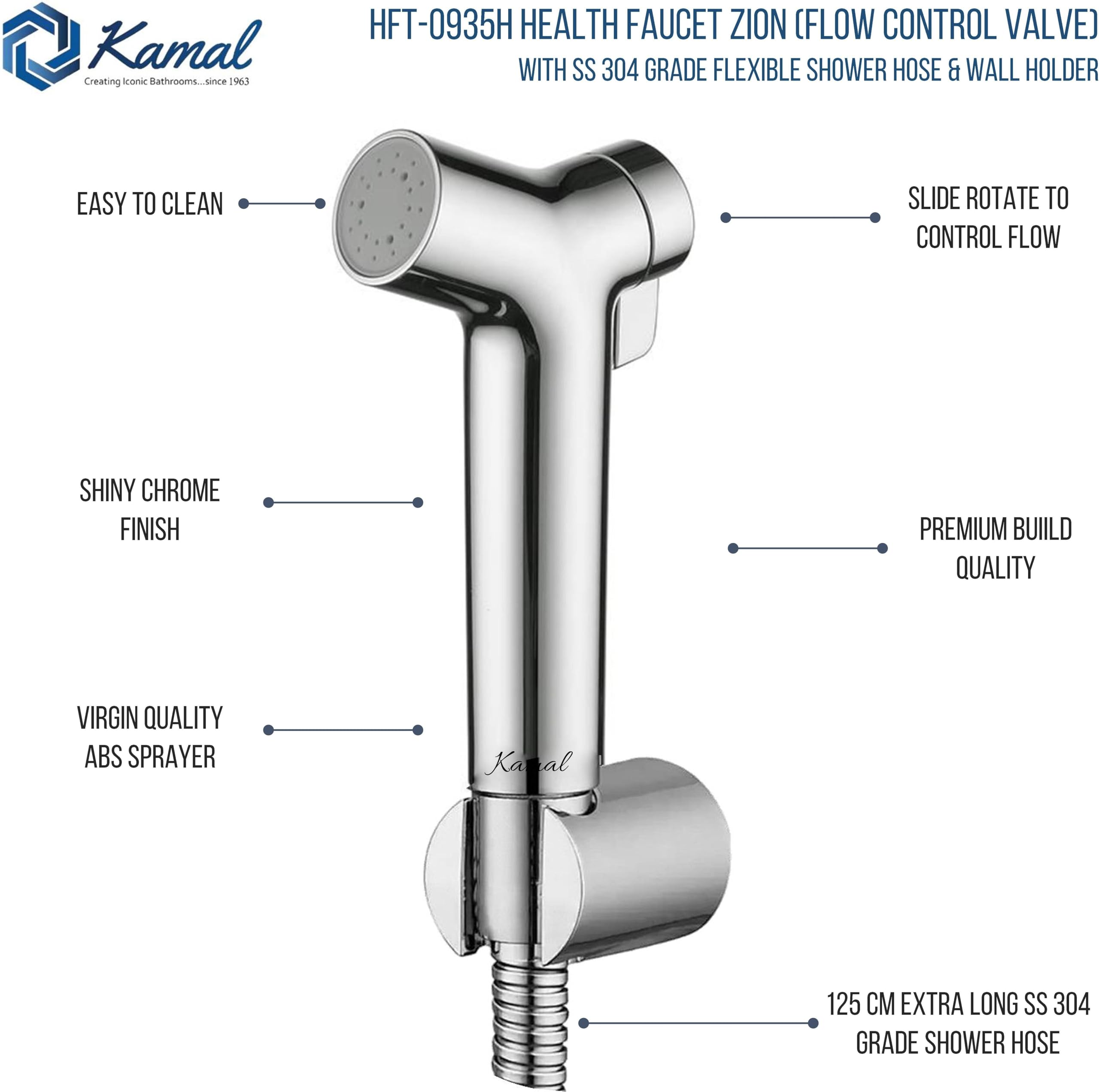 Zion Health Faucet 125cm SS 304 Grade Shower Hose & Holder - by Kamal