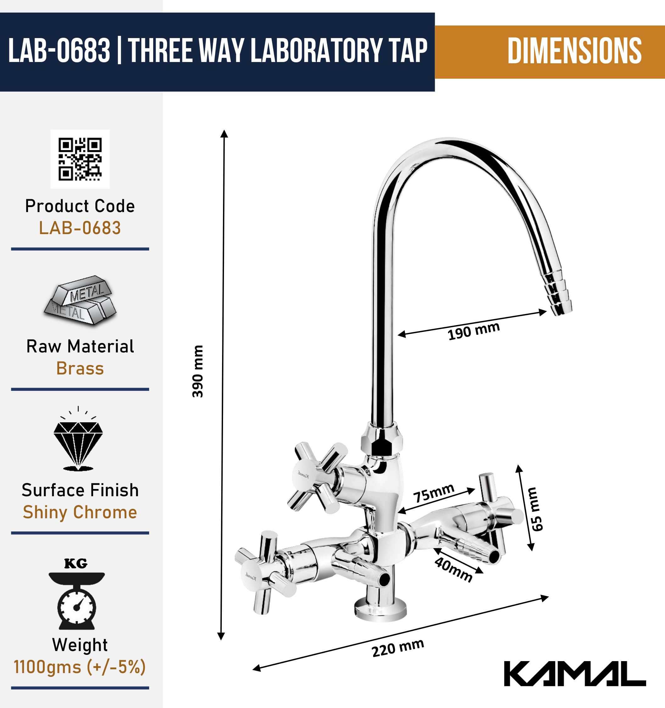 Laboratory Tap Three Way (Full Brass) - by Kamal