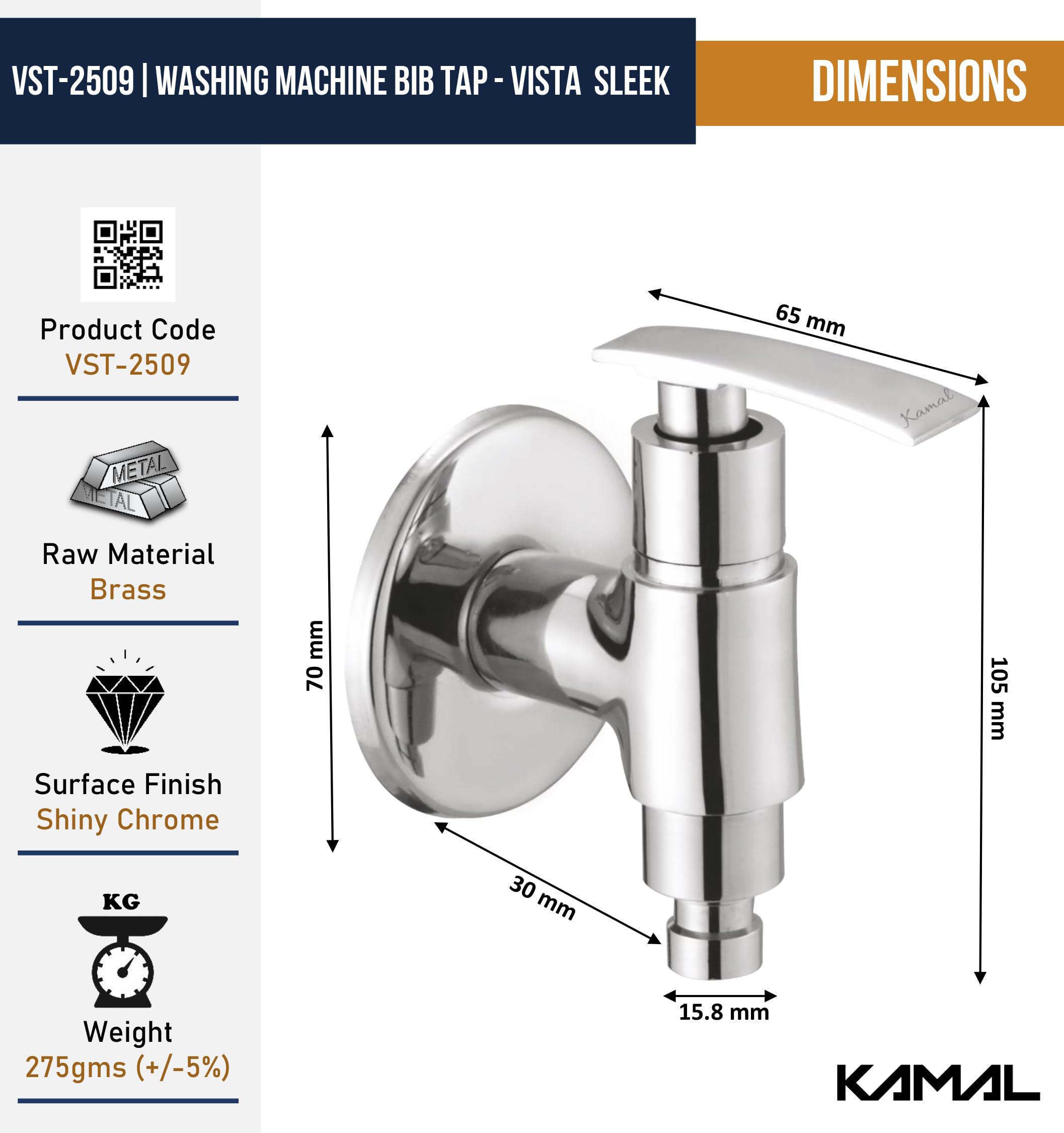 Vista Sleek Washing Machine Bib Tap (Full Brass) - by Kamal