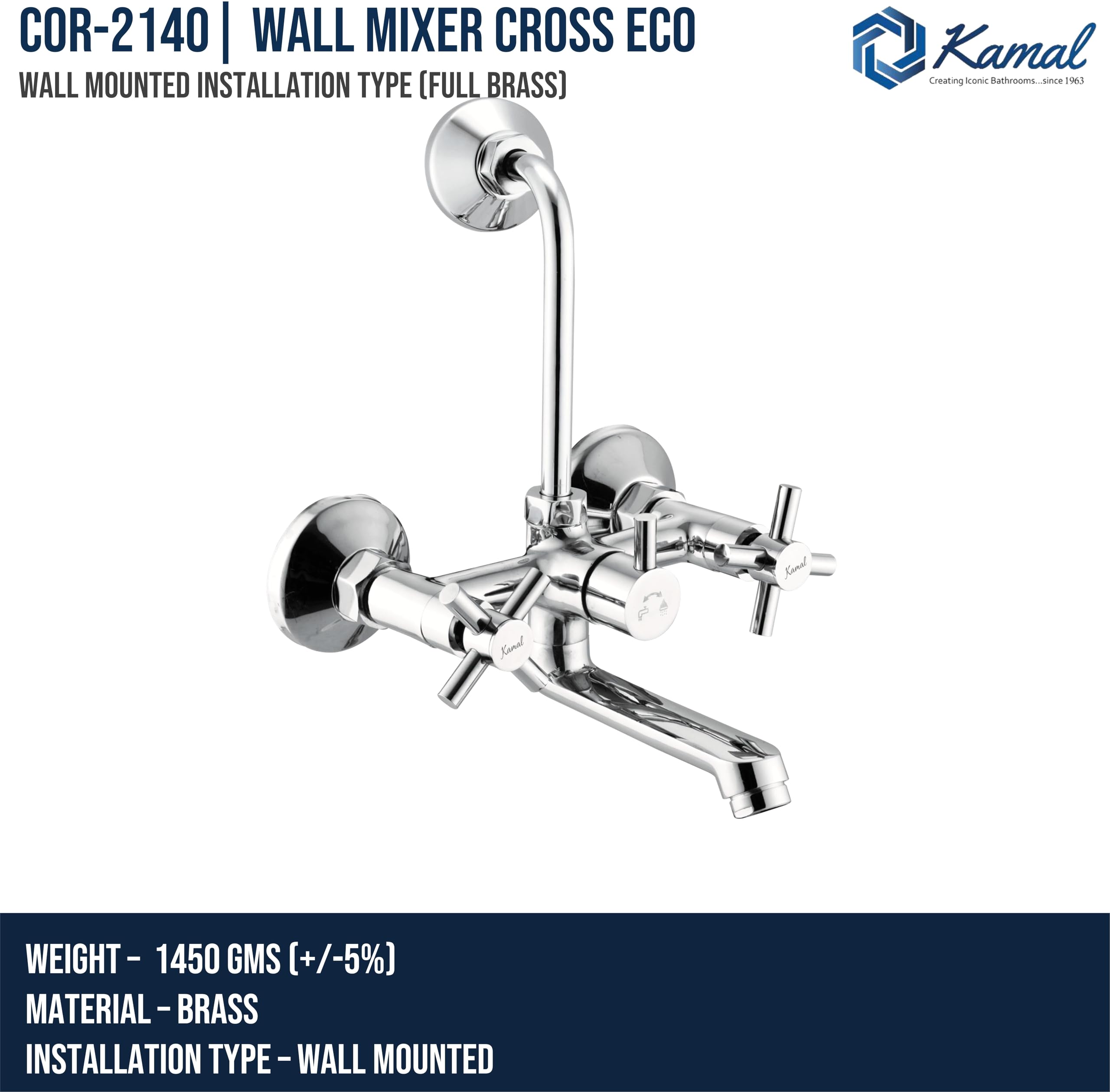 Cross Wall Mixer with L Bend Pipe (Full Brass) - by Kamal