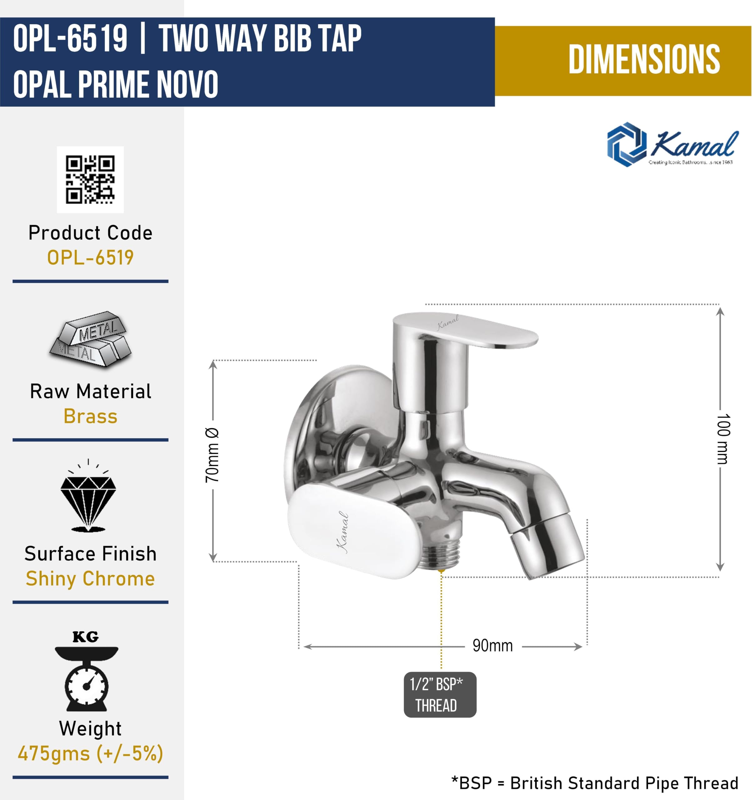 Opal Prime Novo Two Way Bib Tap (Full Brass) - by Kamal