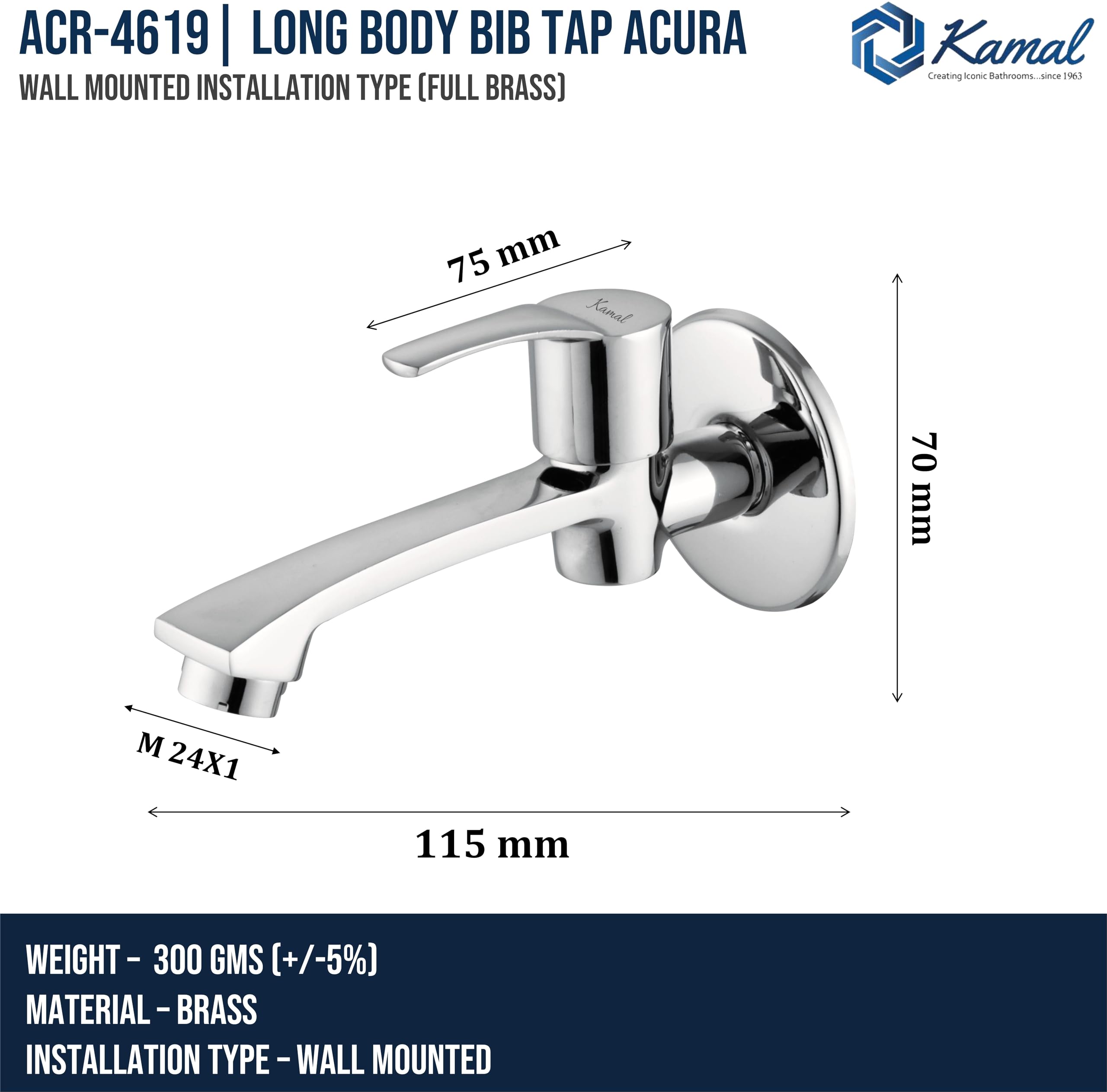 Acura Long Body Bib Tap (Full Brass) - by Kamal