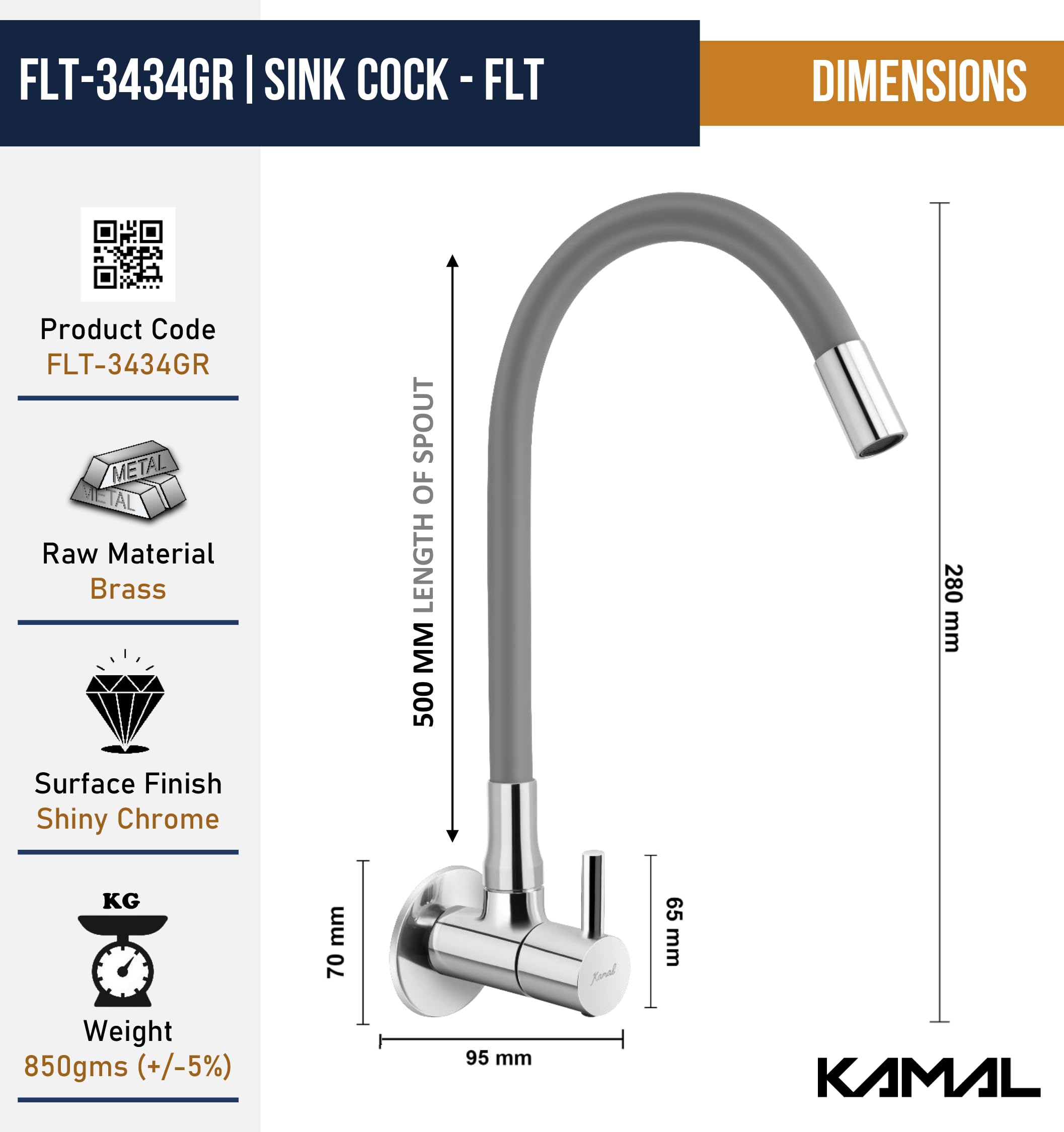 FLT Sink Tap with Onyx 360 Degree Fully Flexible Spout (Brass & Silicone) - by Kamal