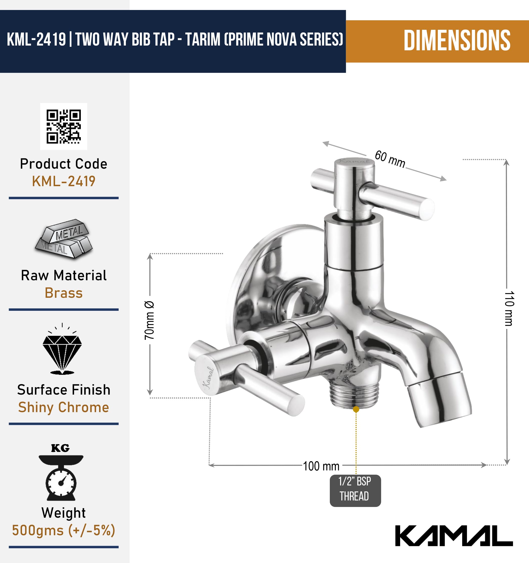 Tarim Prime Nova Series Kamal Two Way Bib Tap (Full Brass) - by Kamal