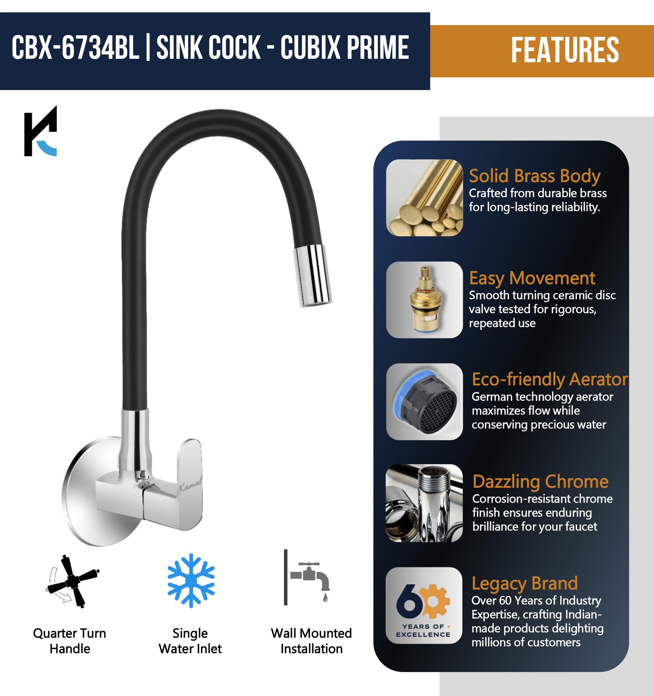 Cubix Prime Flexible Sink Tap (Brass & Silicone) - by Kamal