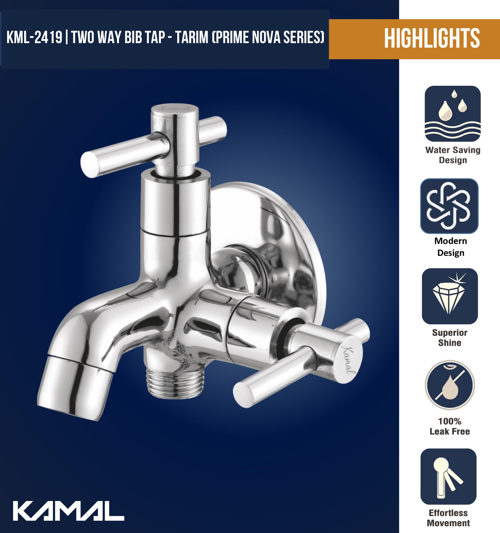 Tarim Prime Nova Series Kamal Two Way Bib Tap (Full Brass) - by Kamal