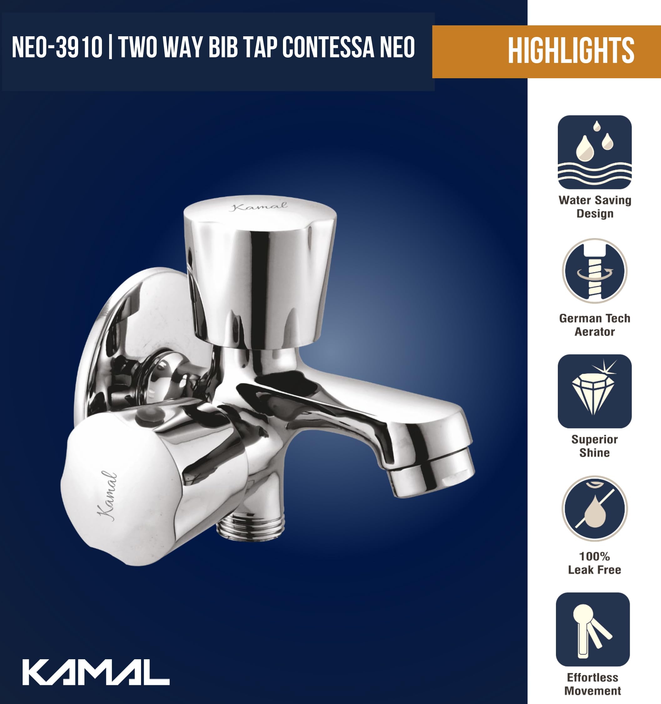Contessa Neo Two Way Bib Tap (Full Brass) - by Kamal