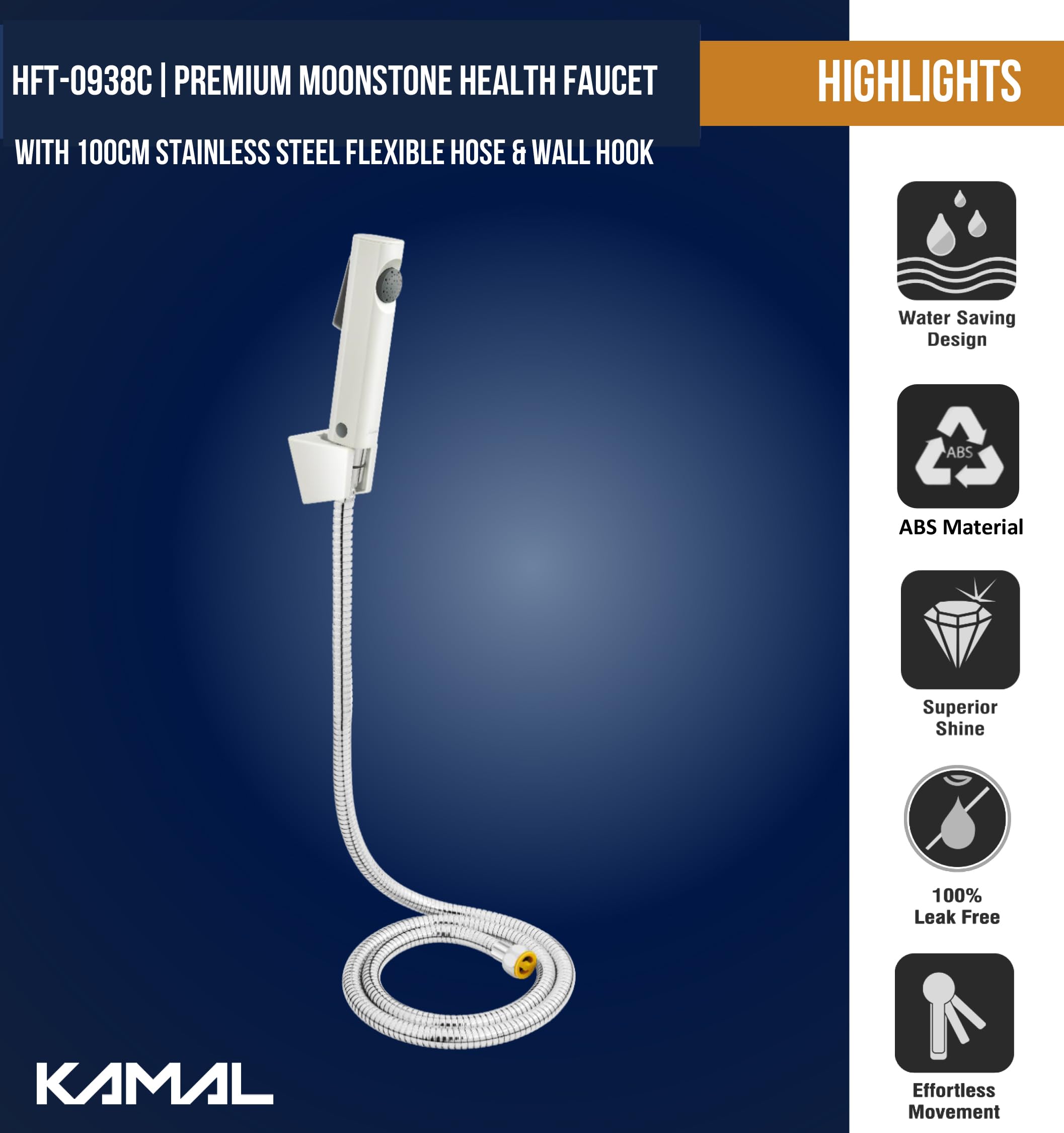 Moonstone Premium Health Faucet with 1 Mtr Stainless Steel Flexible Shower Hose & Wall Hook - by Kamal