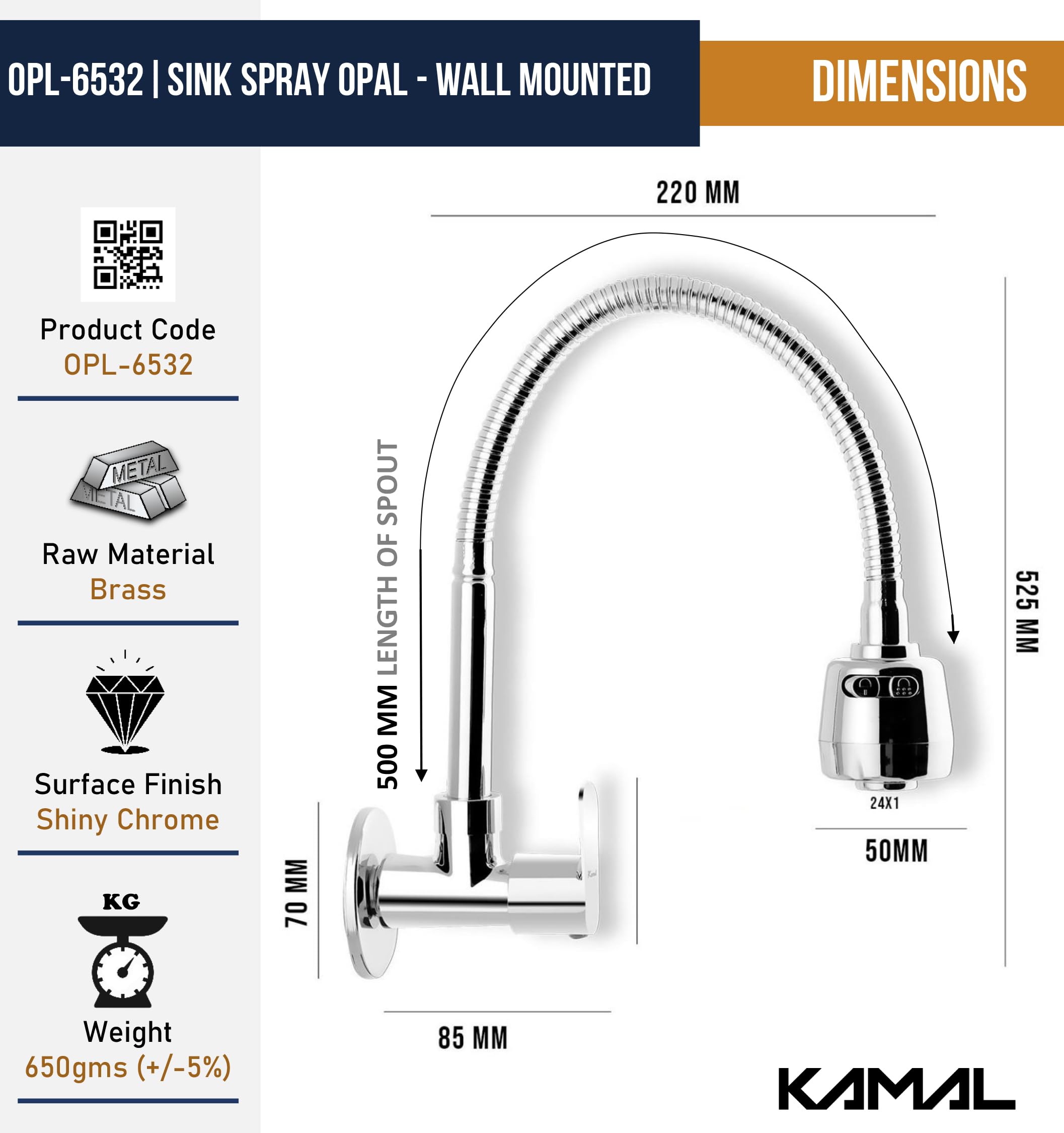 Opal Sink Spray Tap (Brass & SS Steel) - by Kamal