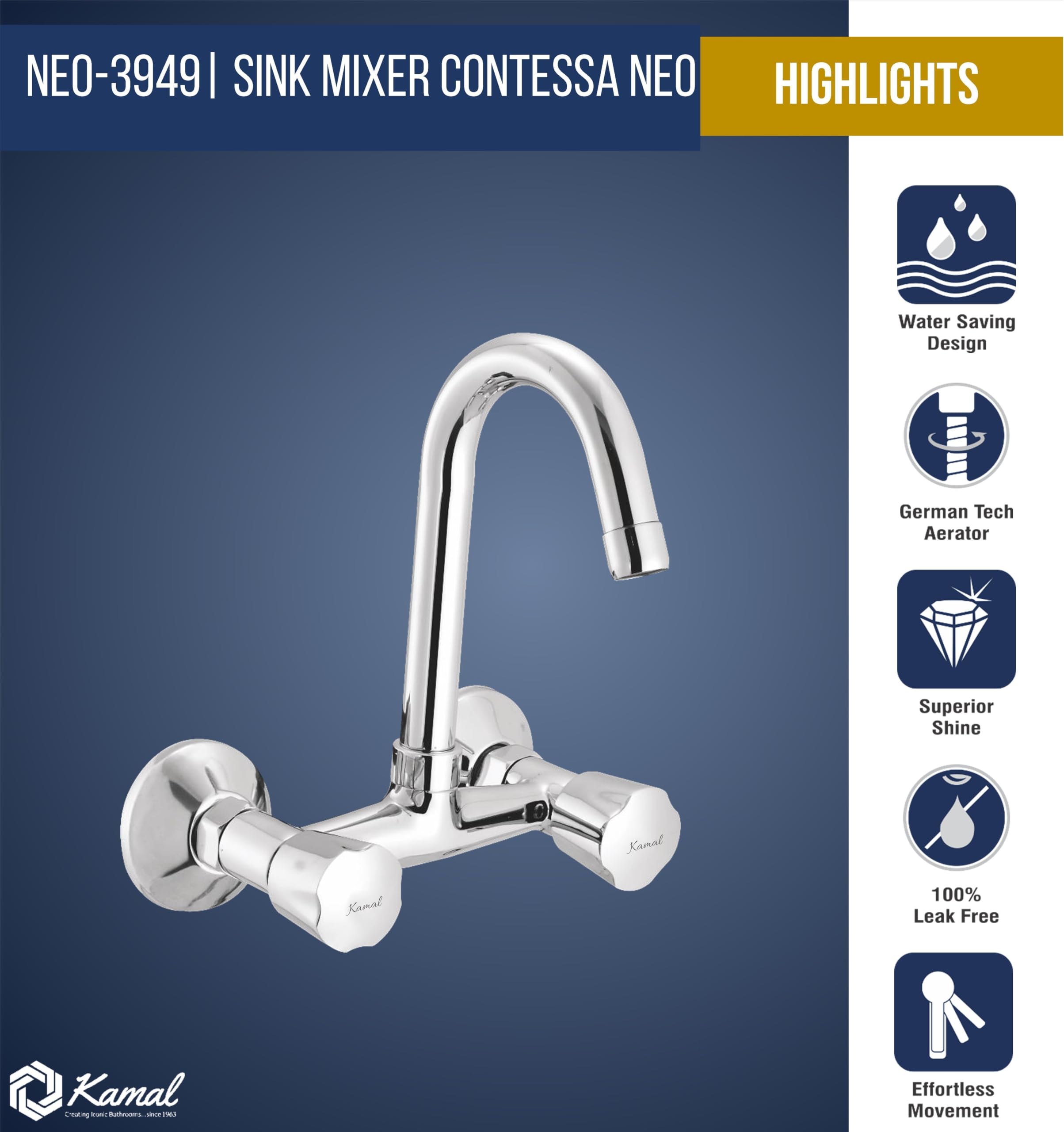 Contessa Neo Sink Mixer (Full Brass) - by Kamal