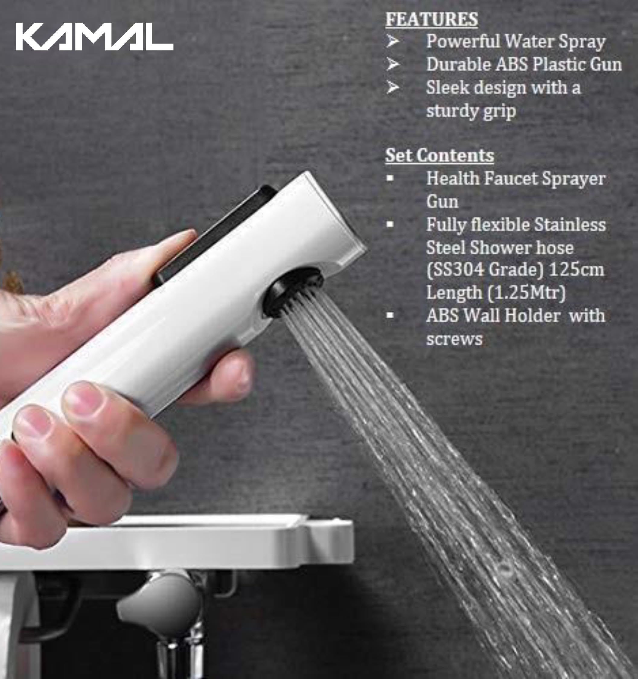 Moonstone Premium Health Faucet with 1 Mtr Stainless Steel Flexible Shower Hose & Wall Hook - by Kamal