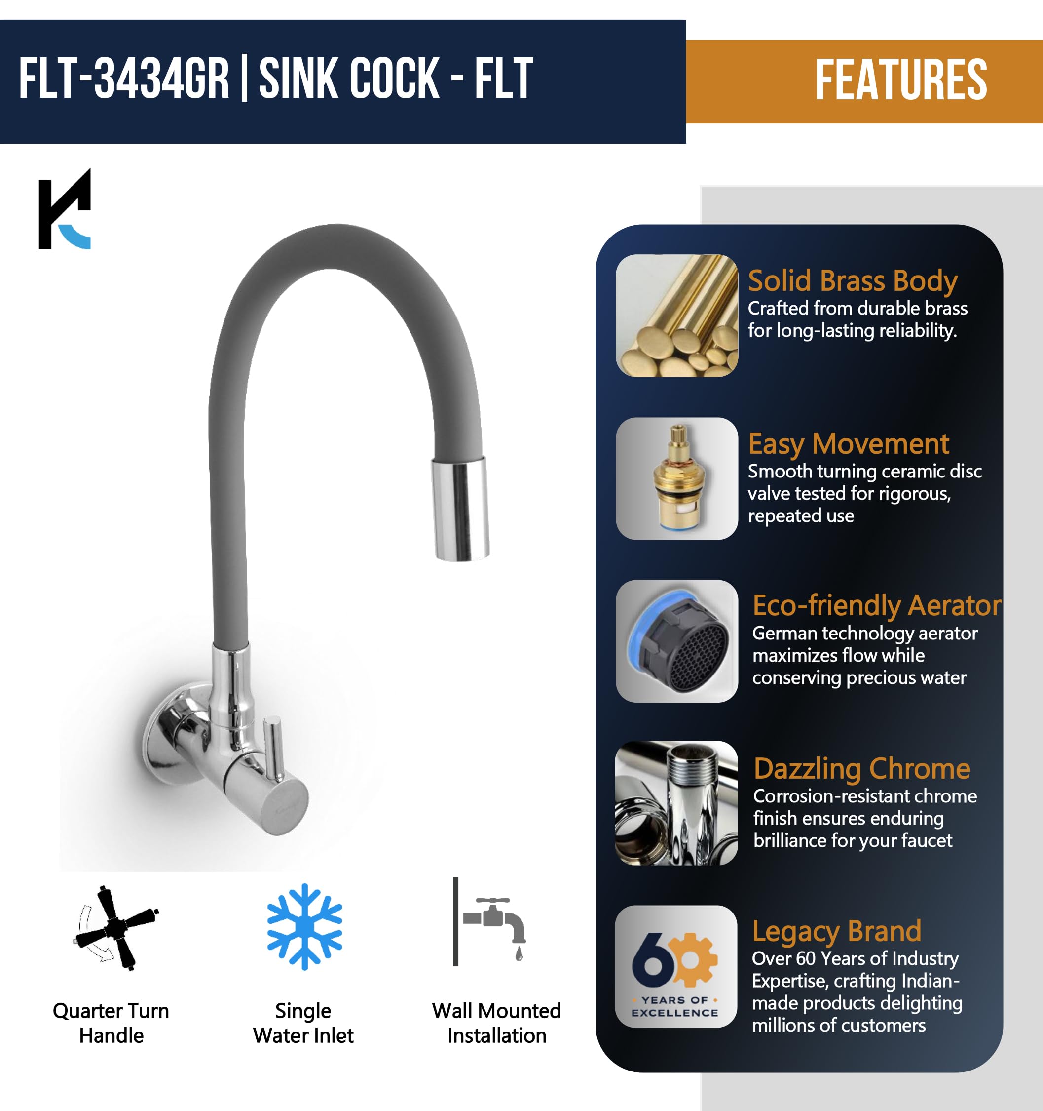 FLT Sink Tap with Onyx 360 Degree Fully Flexible Spout (Brass & Silicone) - by Kamal