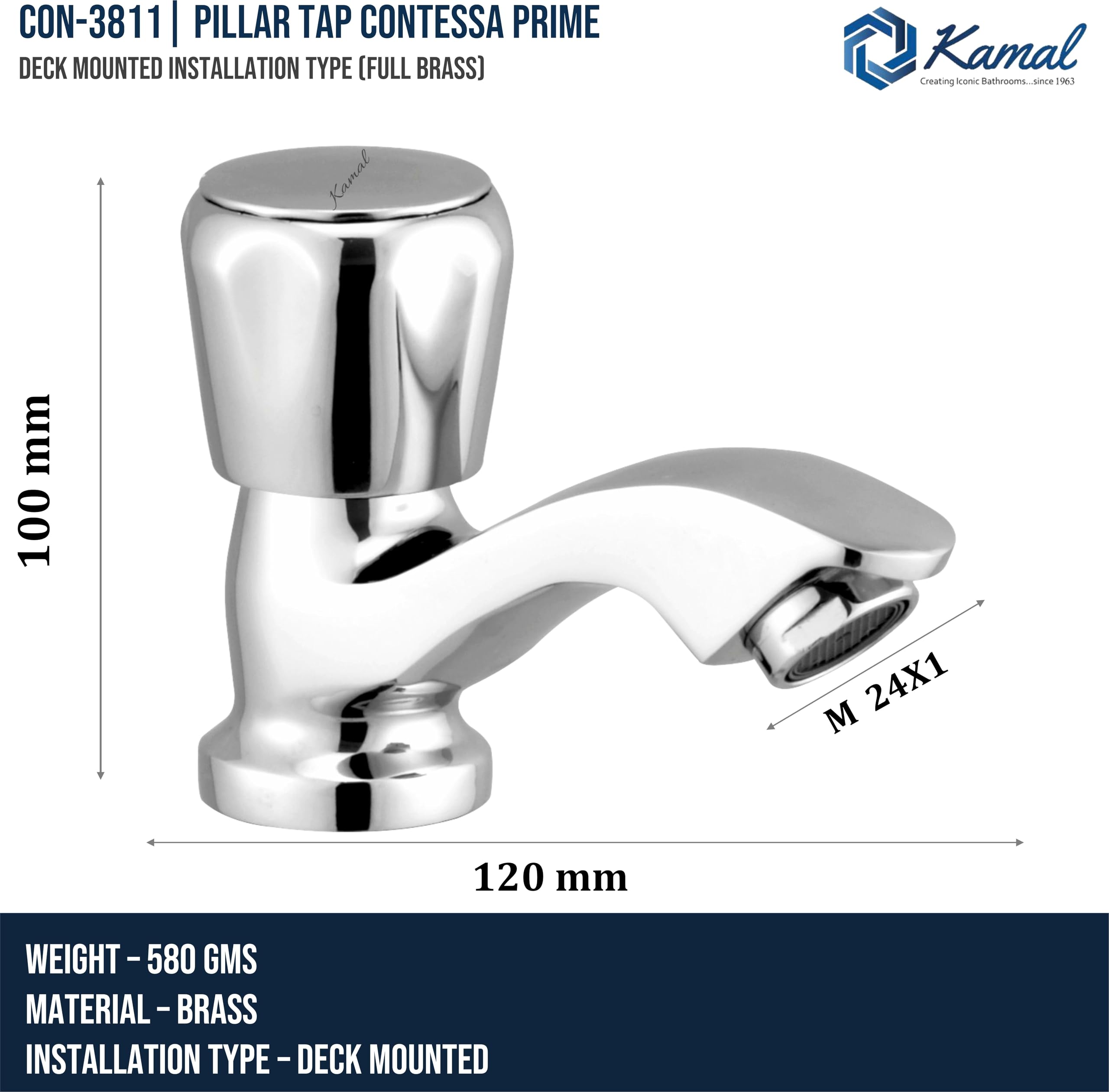 Contessa Prime Pillar Tap (Full Brass) - by Kamal