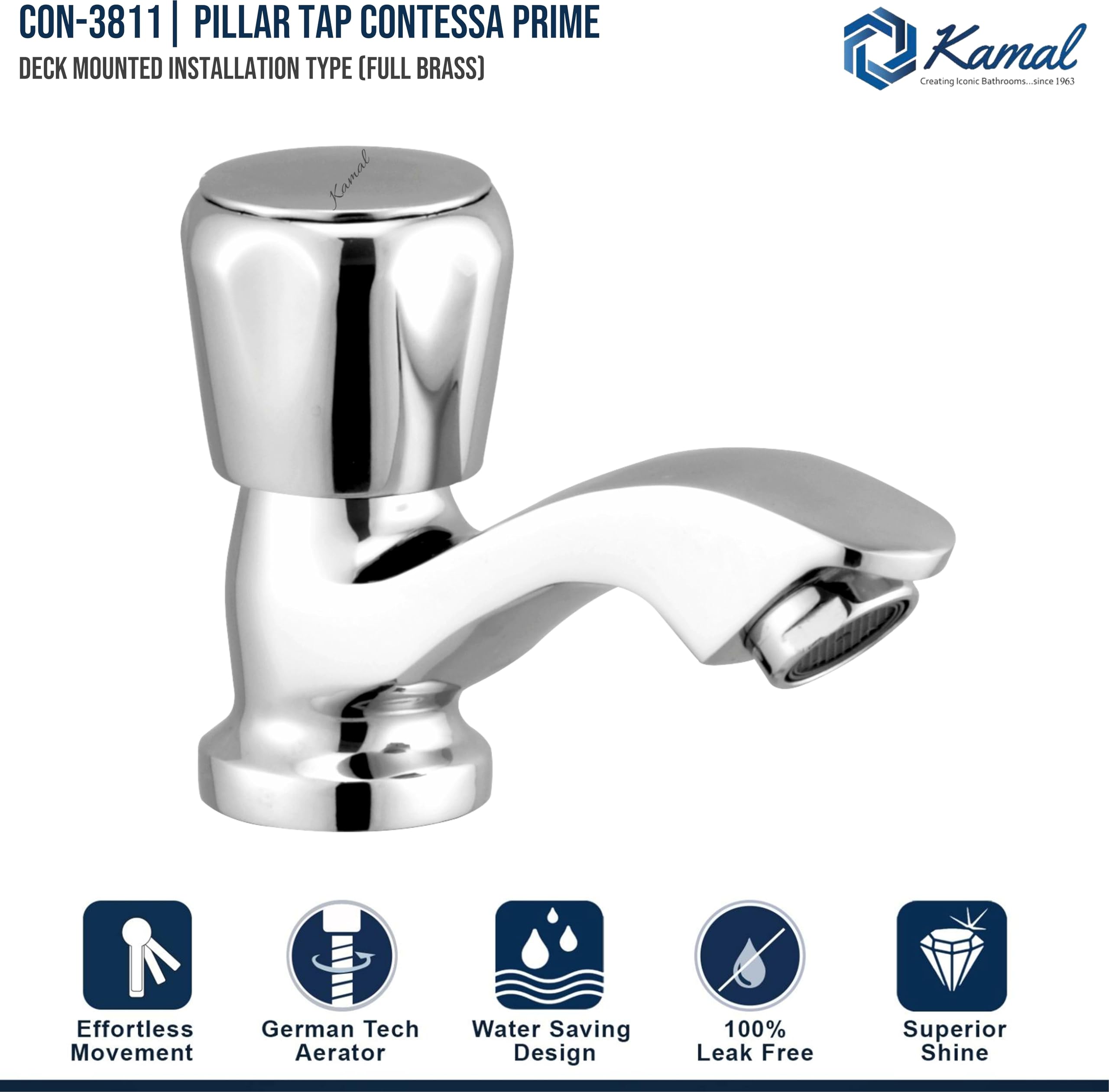 Contessa Prime Pillar Tap (Full Brass) - by Kamal