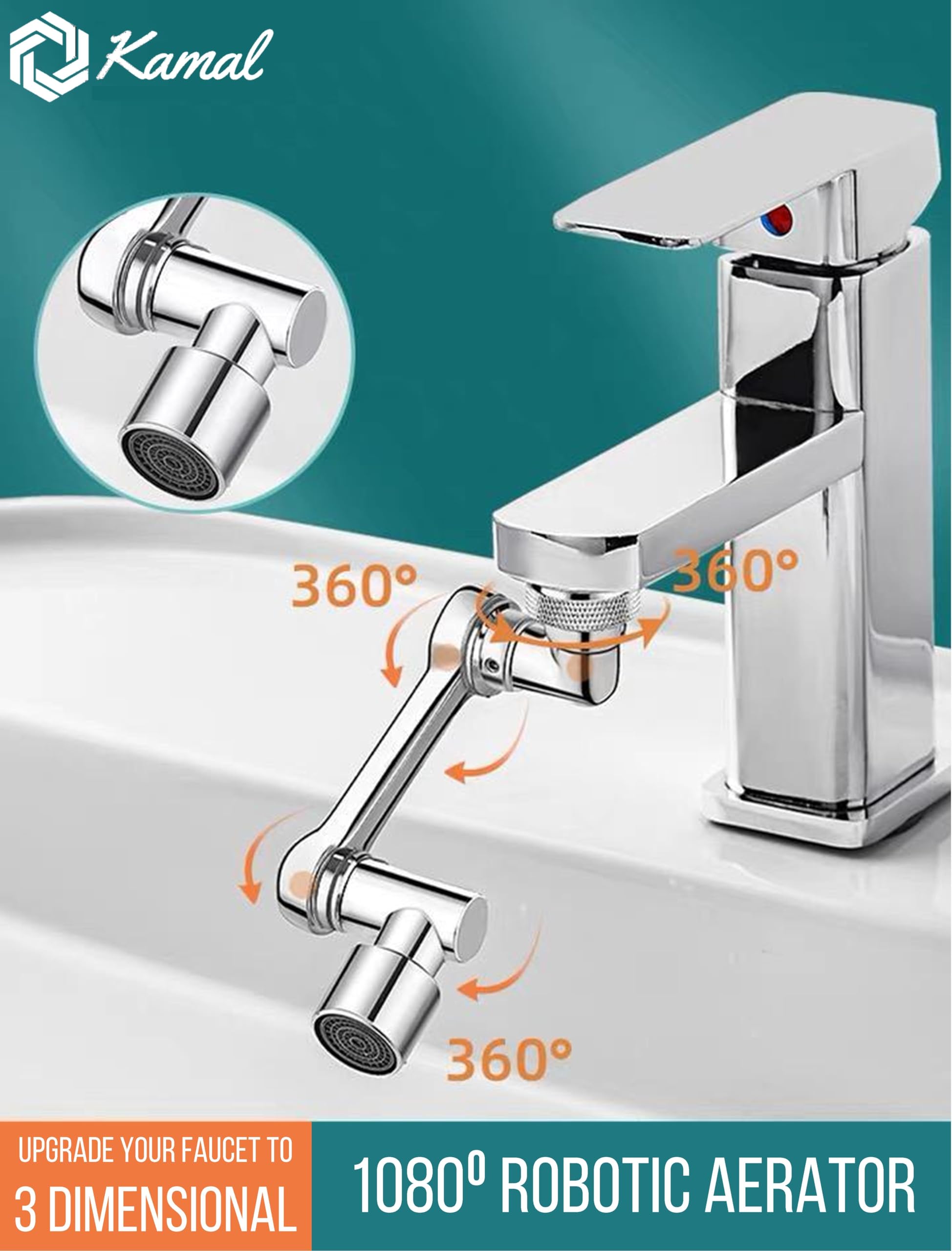 1080° Swivel Faucet Aerator Rotatable Multi-Functional with 2 Modes (Full Brass) - by Kamal