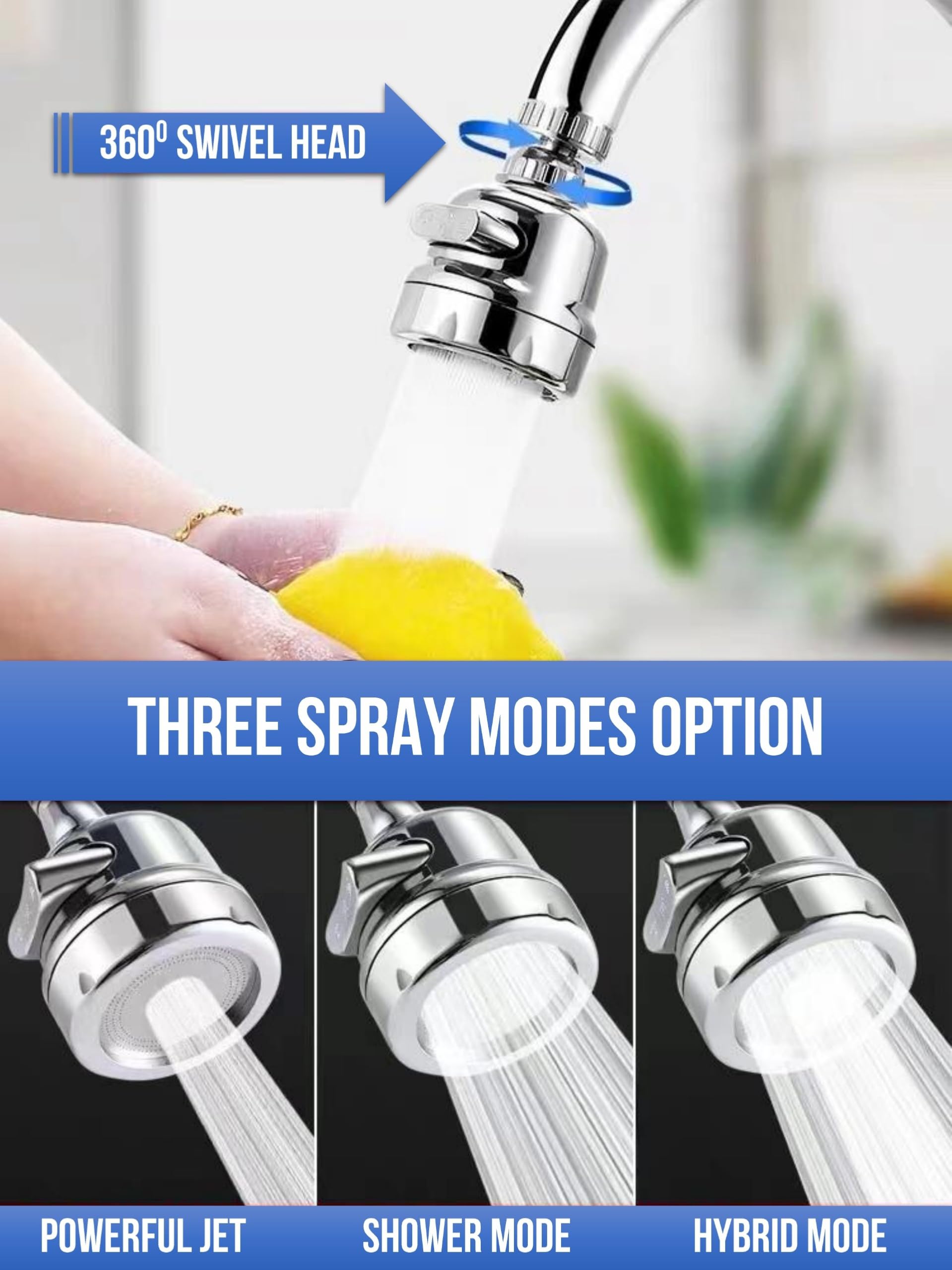 360° Movable Kitchen Sink Faucet Extension | Tripal Flow Chrome Head (ABS) - by Kamal