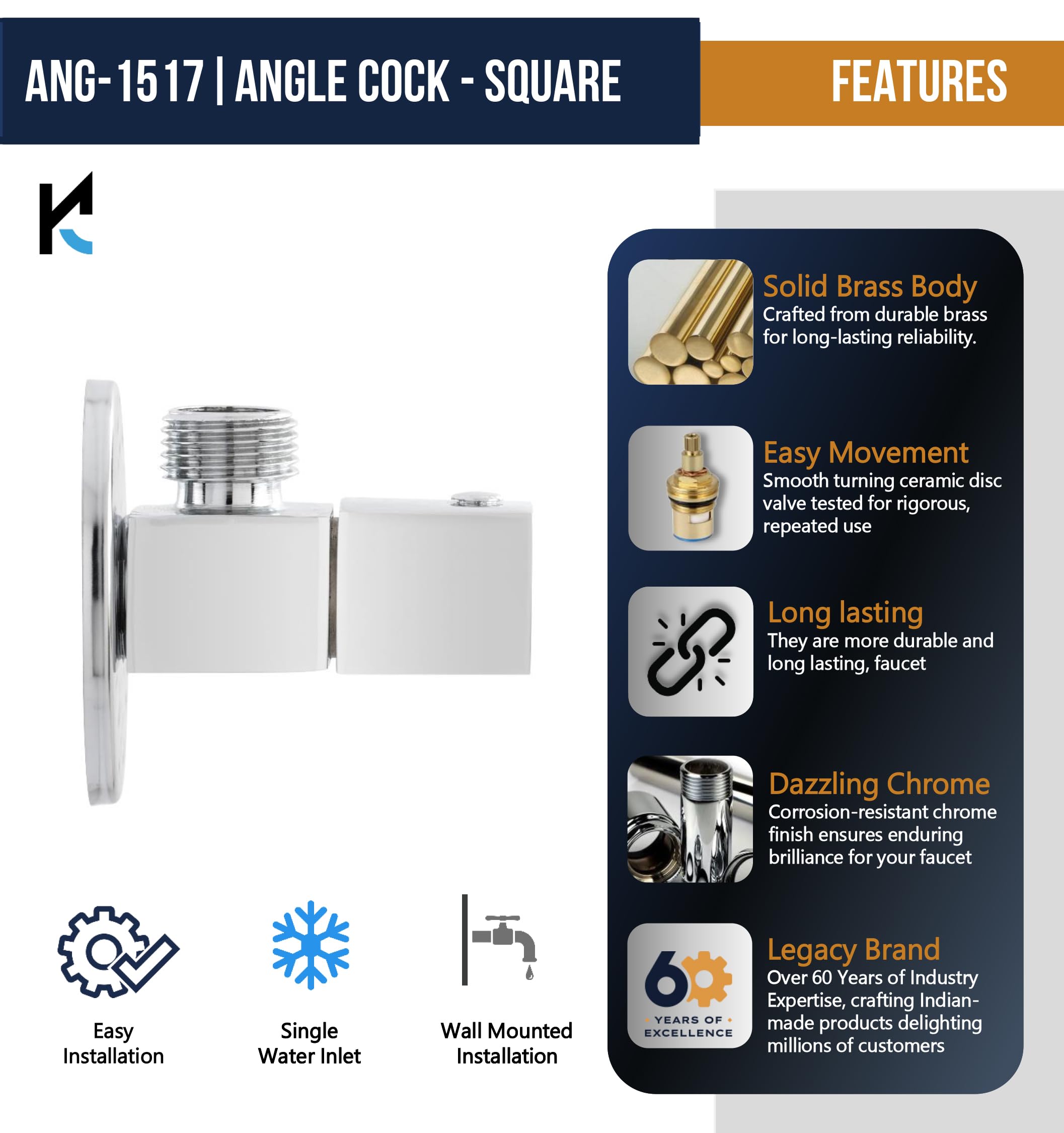 Square Angle Valve (Full Brass) - by Kamal