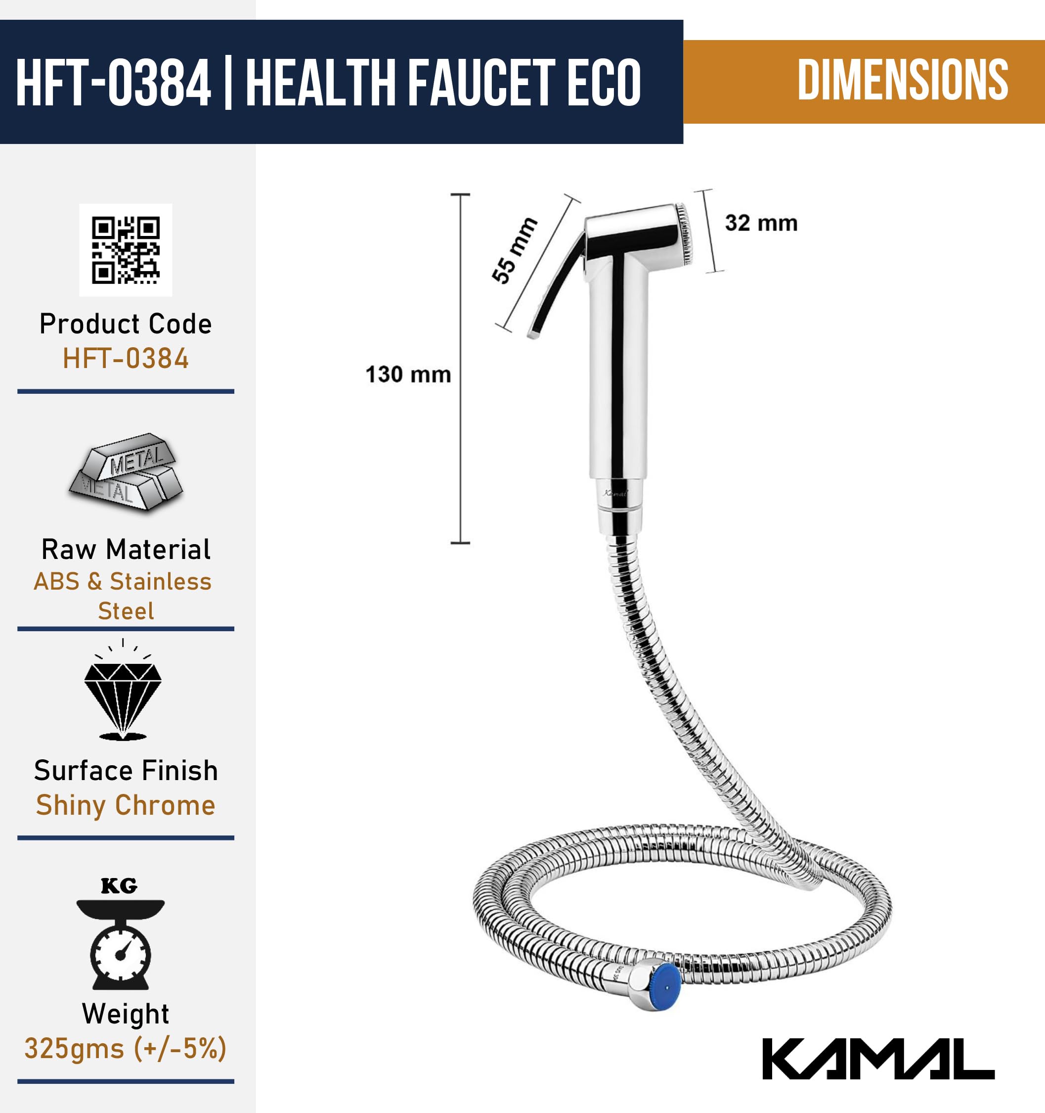 Eco ABS Health Faucet with SS 304 Grade, 1.25 Meter Flexible Hose Pipe - by Kamal