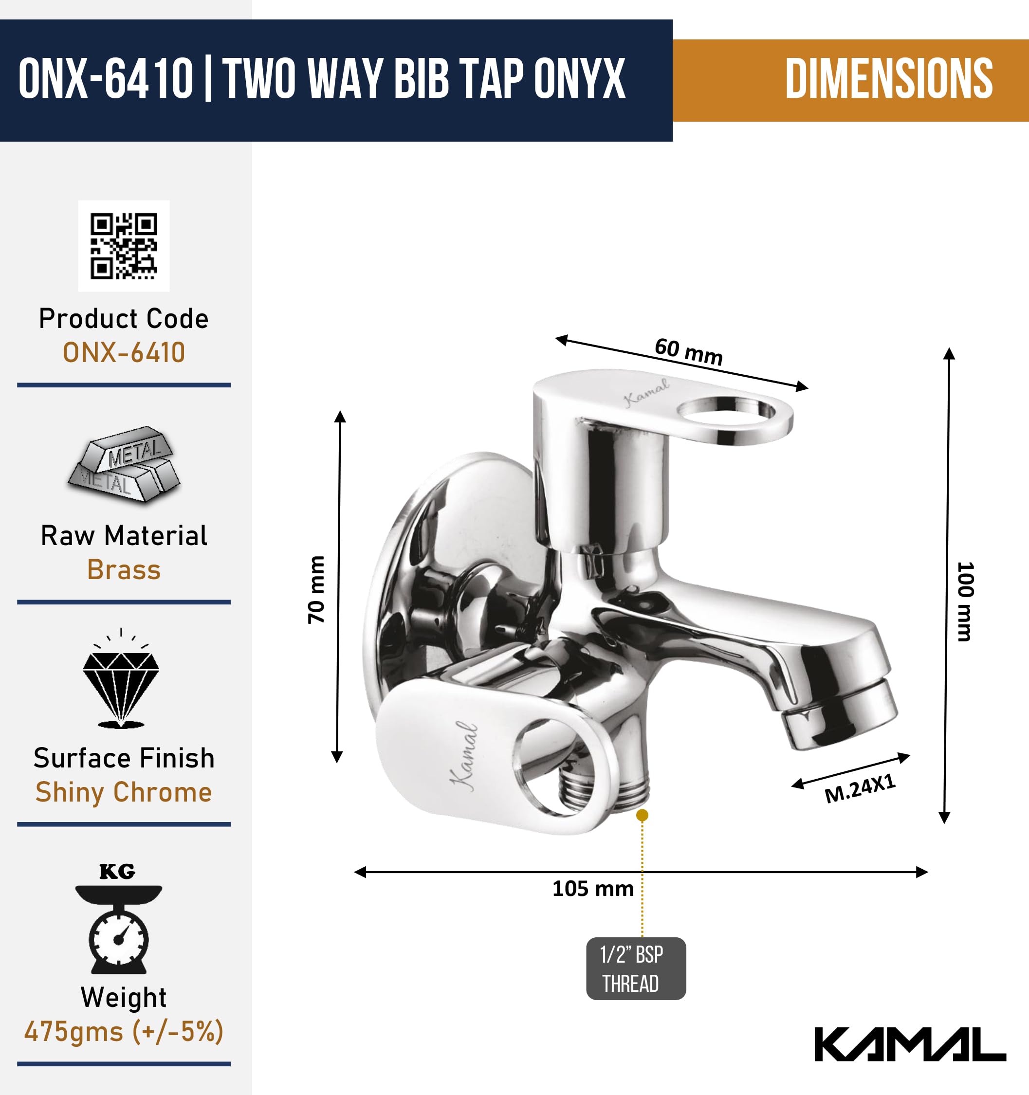 Onyx Two Way Bib Tap (Full Brass) - by Kamal
