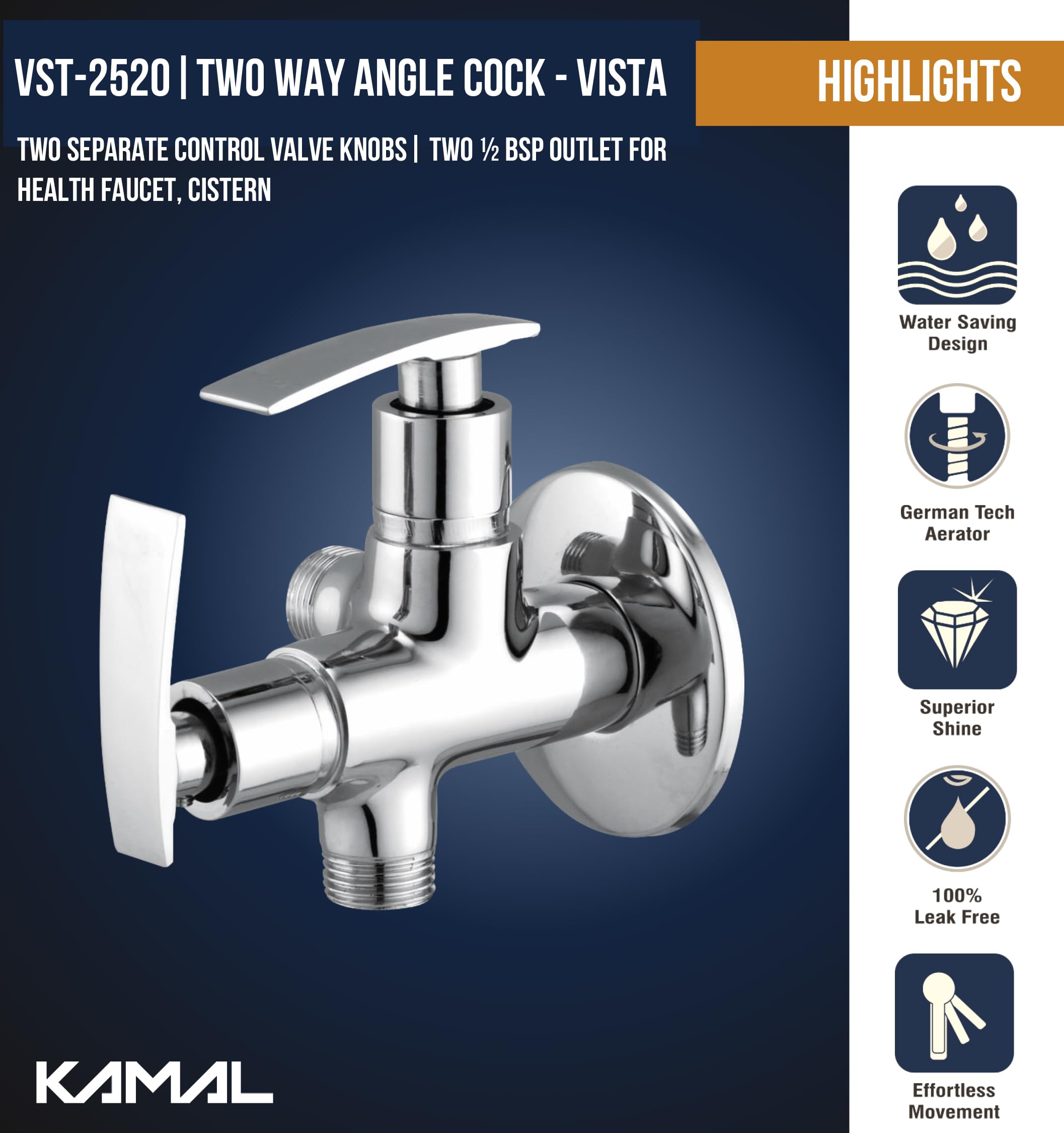 Vista Two in One Angle Valve (Full Brass) - by Kamal
