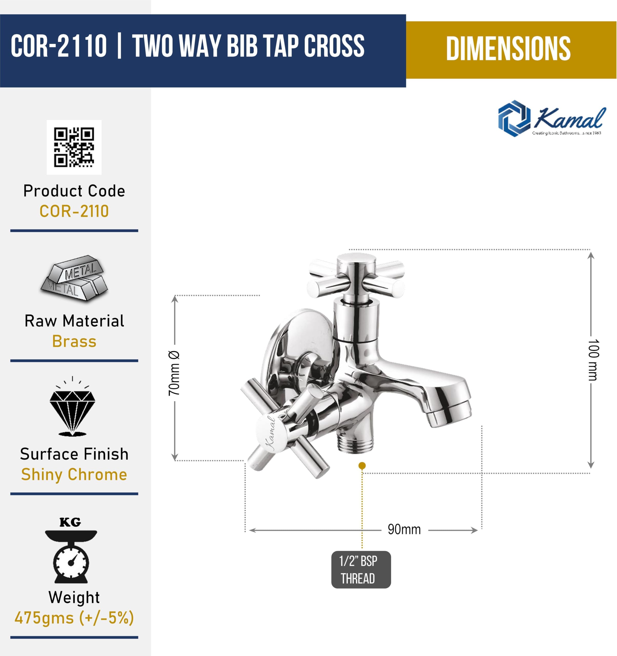 Cross Two Way Bib Tap (Full Brass) - by Kamal