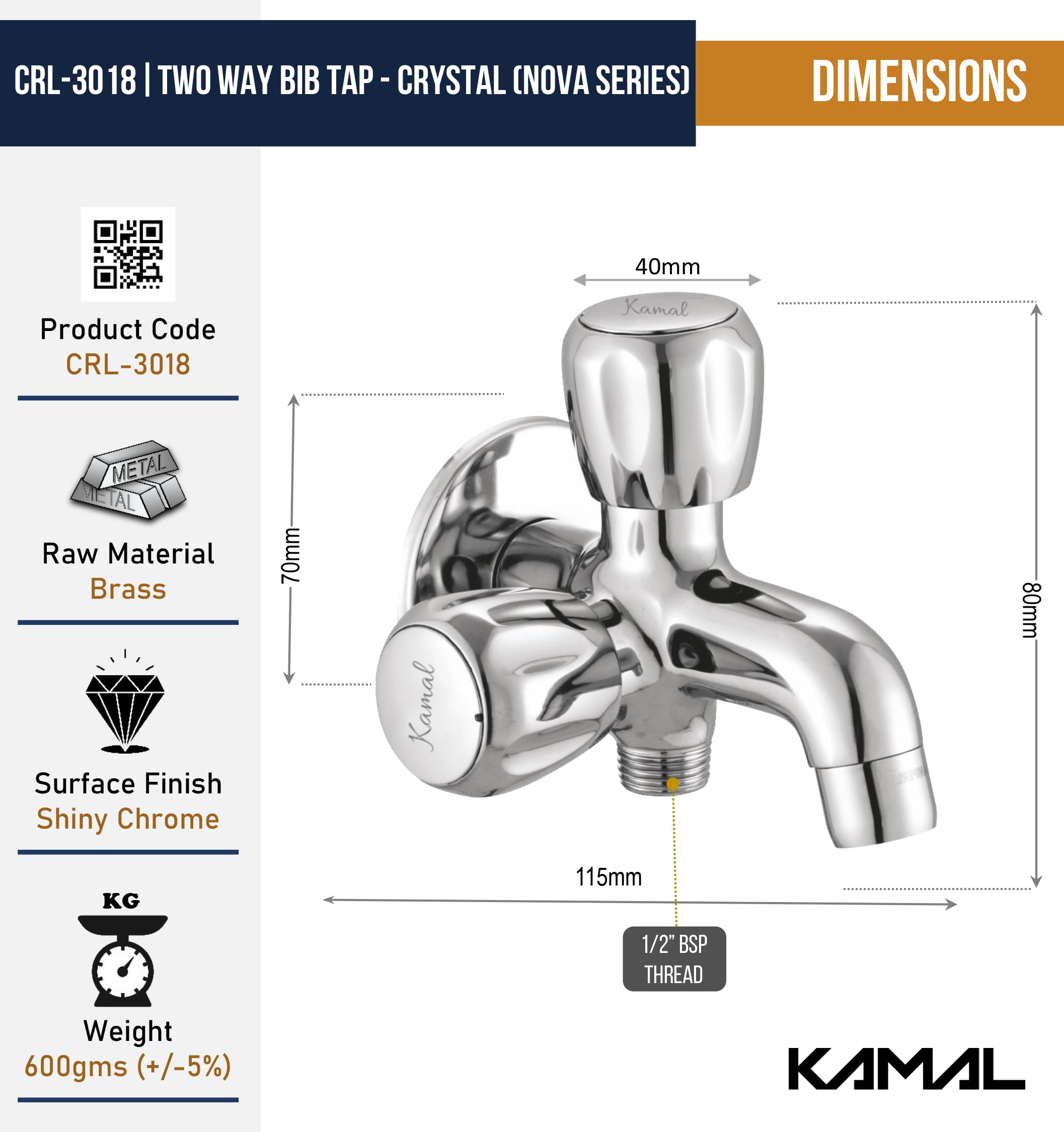 Crystal Two Way Bib Tap (Full Brass)- by Kamal