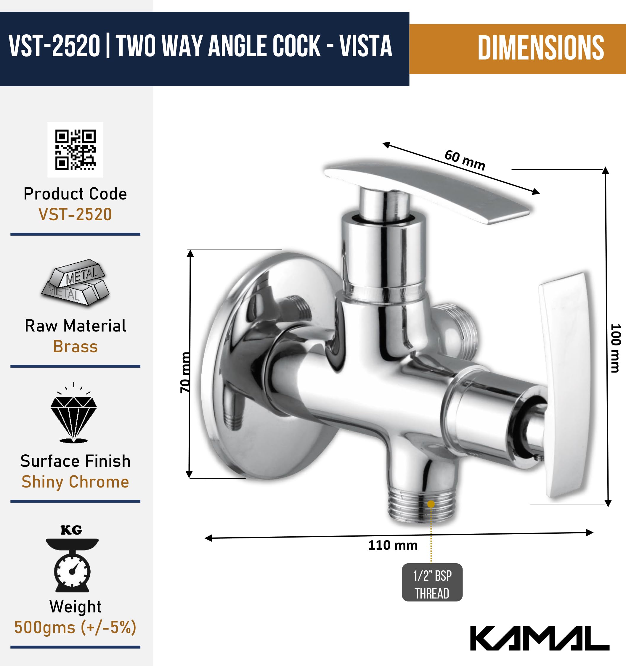 Vista Two in One Angle Valve (Full Brass) - by Kamal
