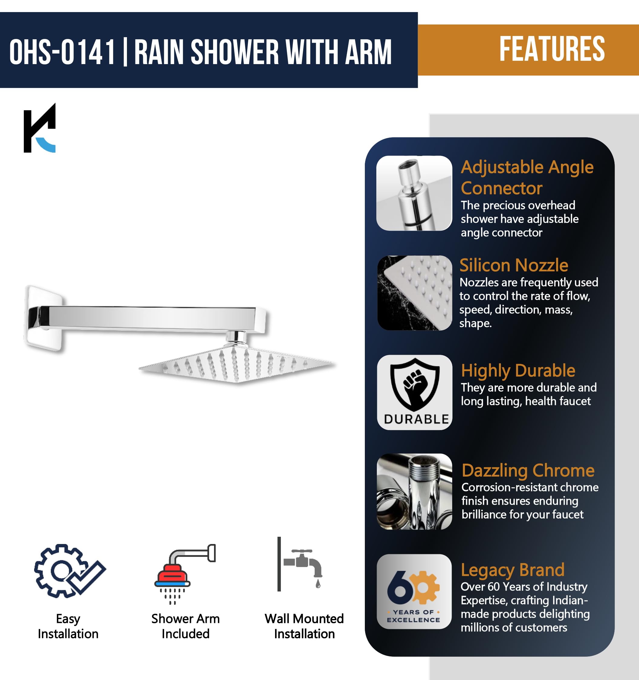 Ultra Slim Rain Shower Stainless Steel Shower Arm - by Kamal