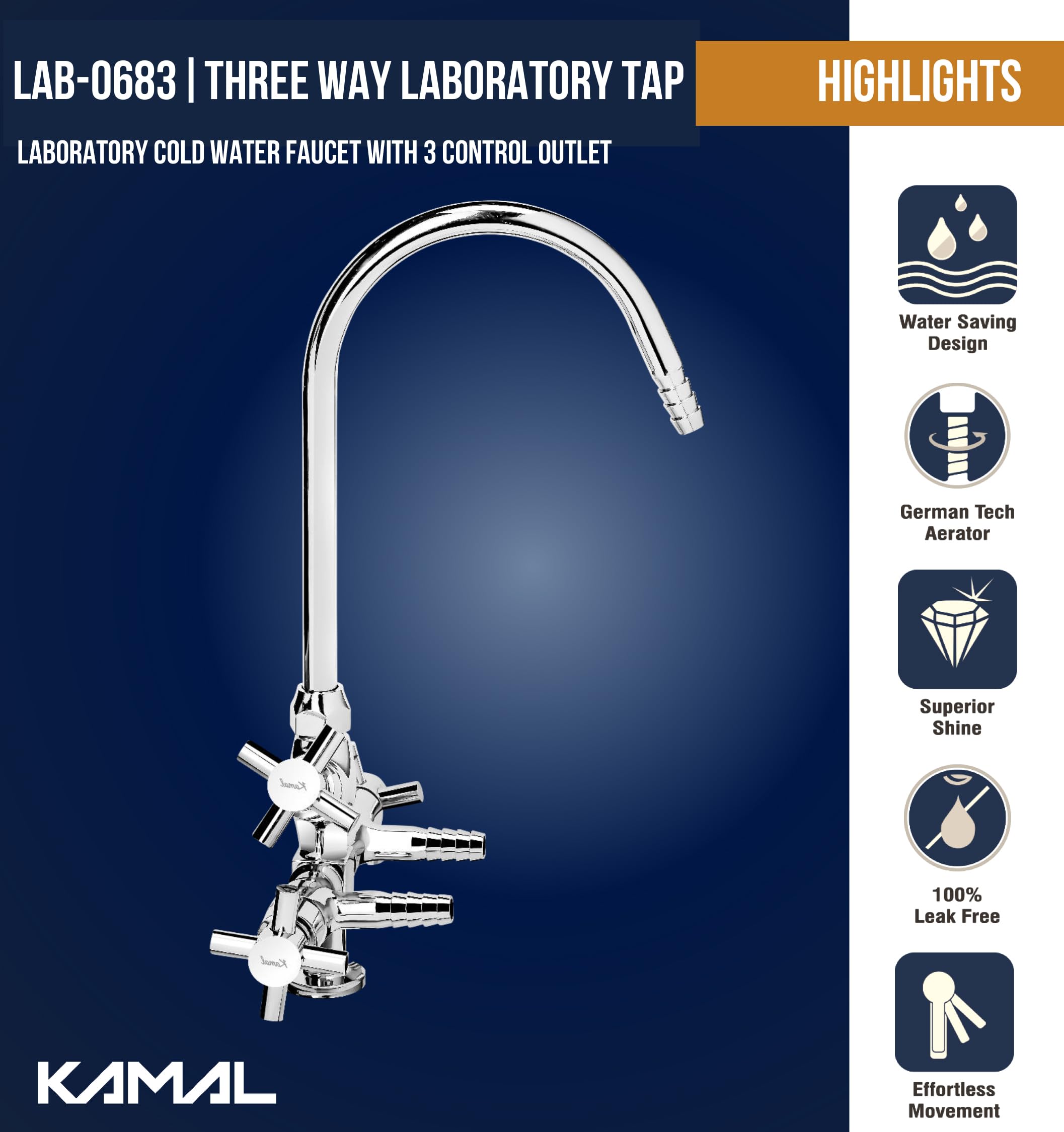 Laboratory Tap Three Way (Full Brass) - by Kamal