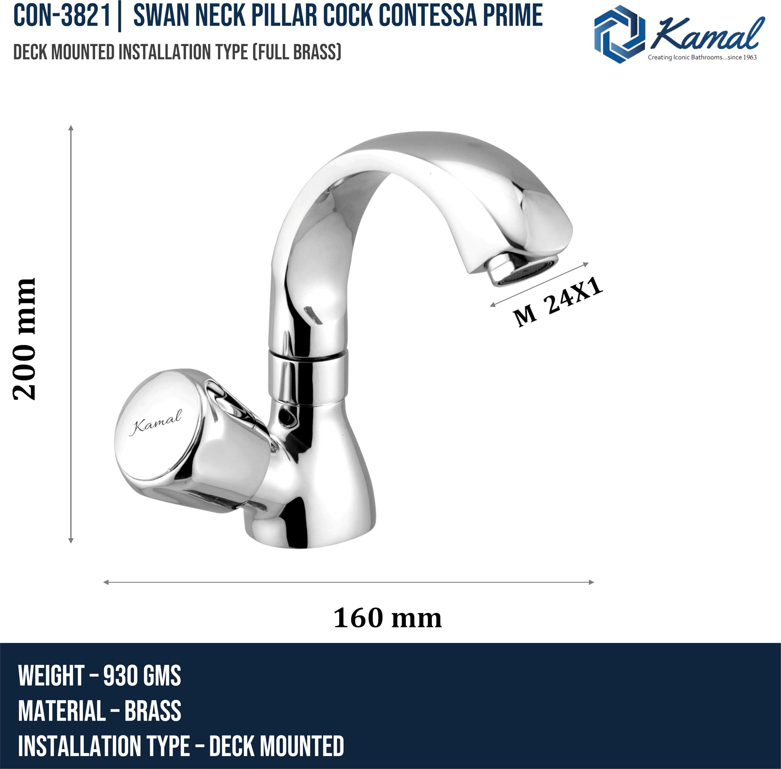 Contessa Prime Swan Neck Pillar Tap (Full Brass) - by Kamal