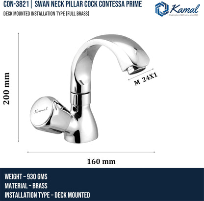 Contessa Prime Swan Neck Pillar Tap (Full Brass) - by Kamal