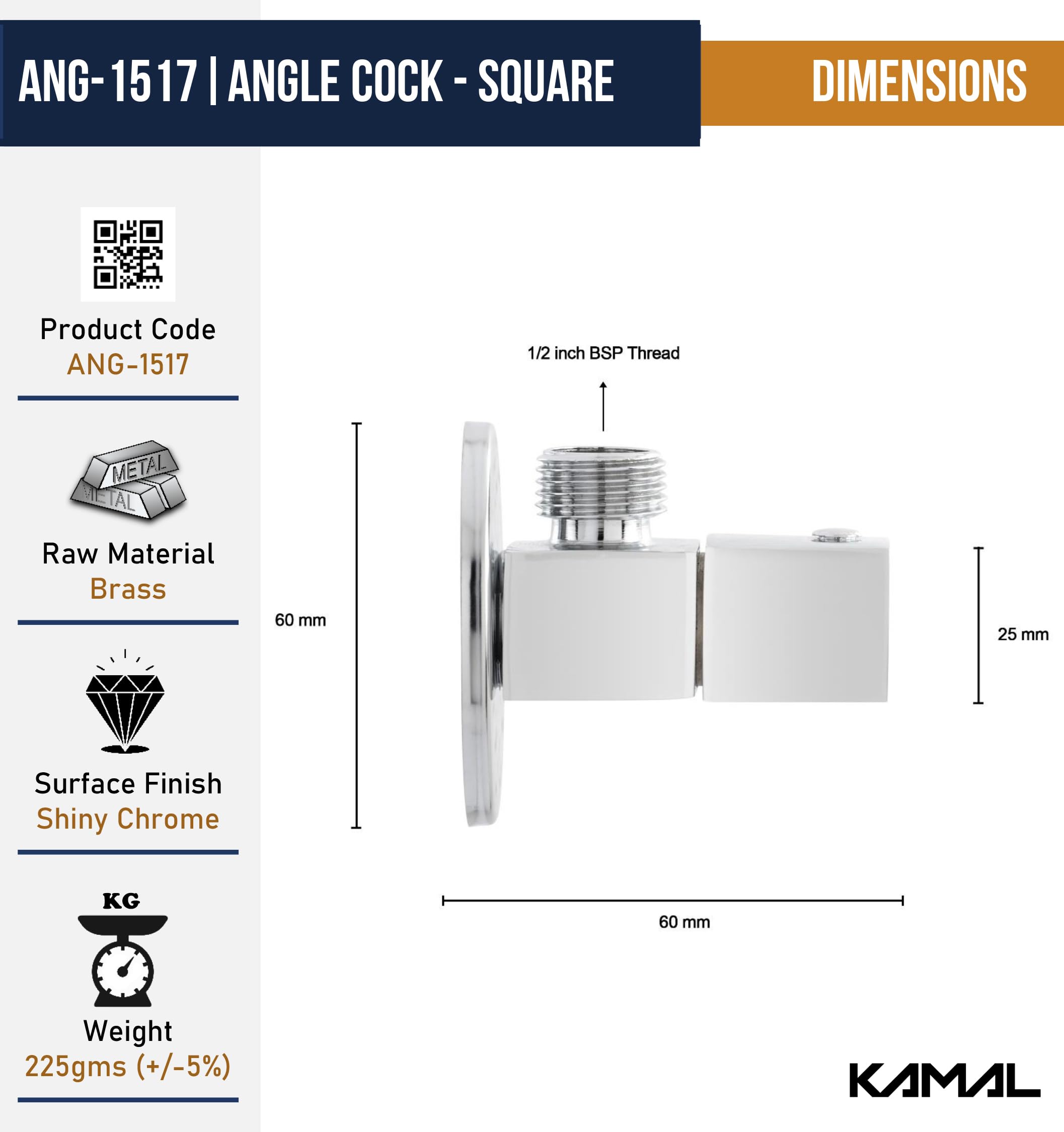 Square Angle Valve (Full Brass) - by Kamal