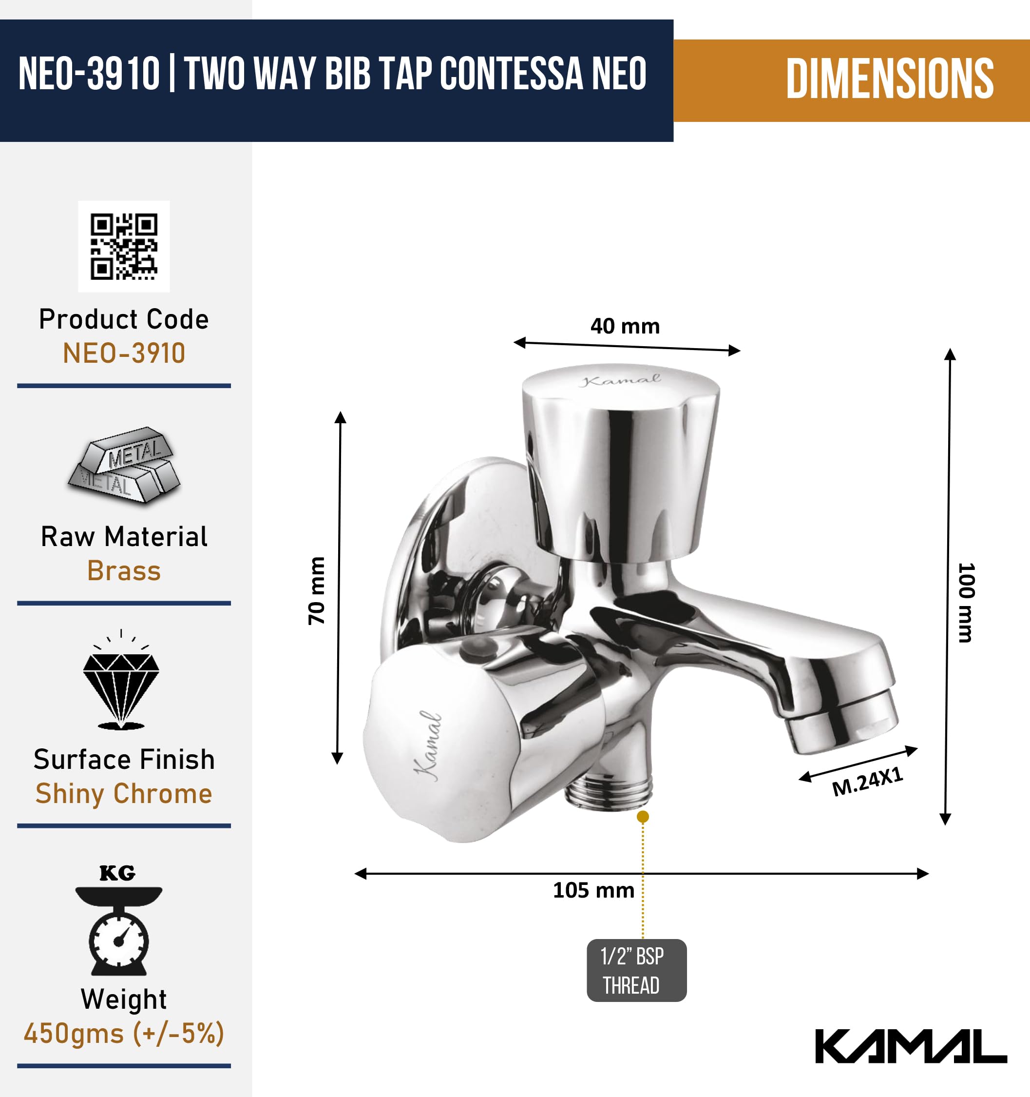 Contessa Neo Two Way Bib Tap (Full Brass) - by Kamal