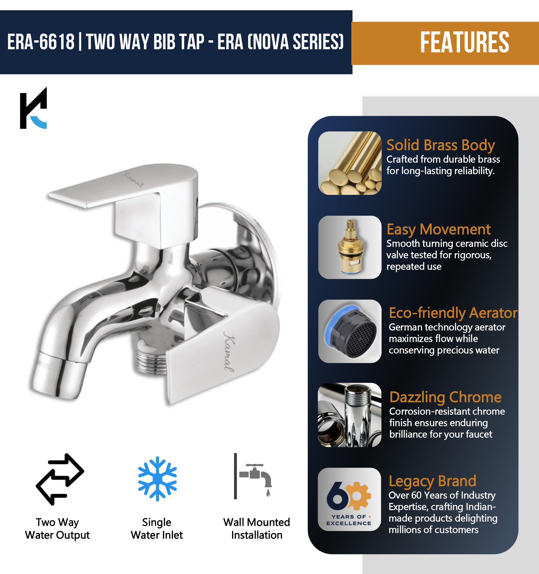 Kamal Two Way Bib Tap (Full Brass) - by Kamal