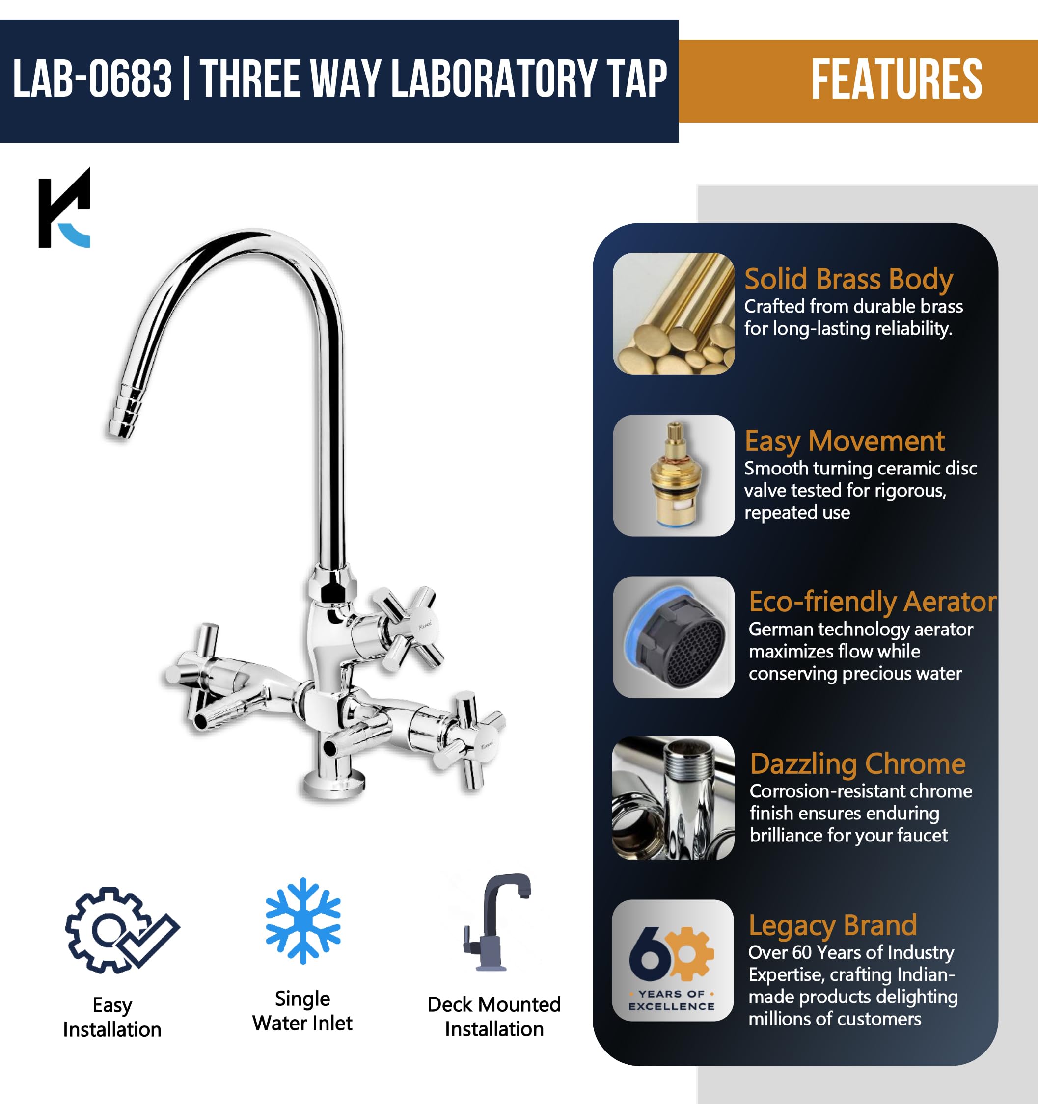 Laboratory Tap Three Way (Full Brass) - by Kamal