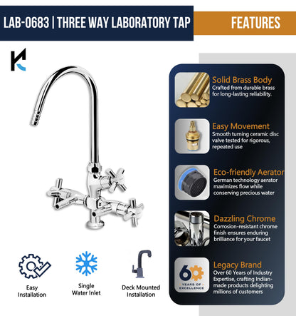 Laboratory Tap Three Way (Full Brass) - by Kamal