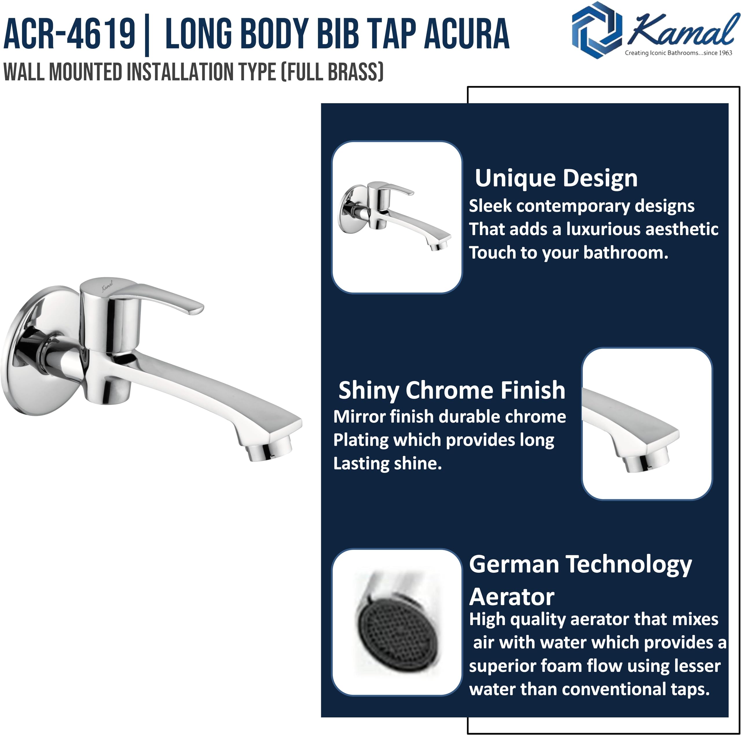Acura Long Body Bib Tap (Full Brass) - by Kamal