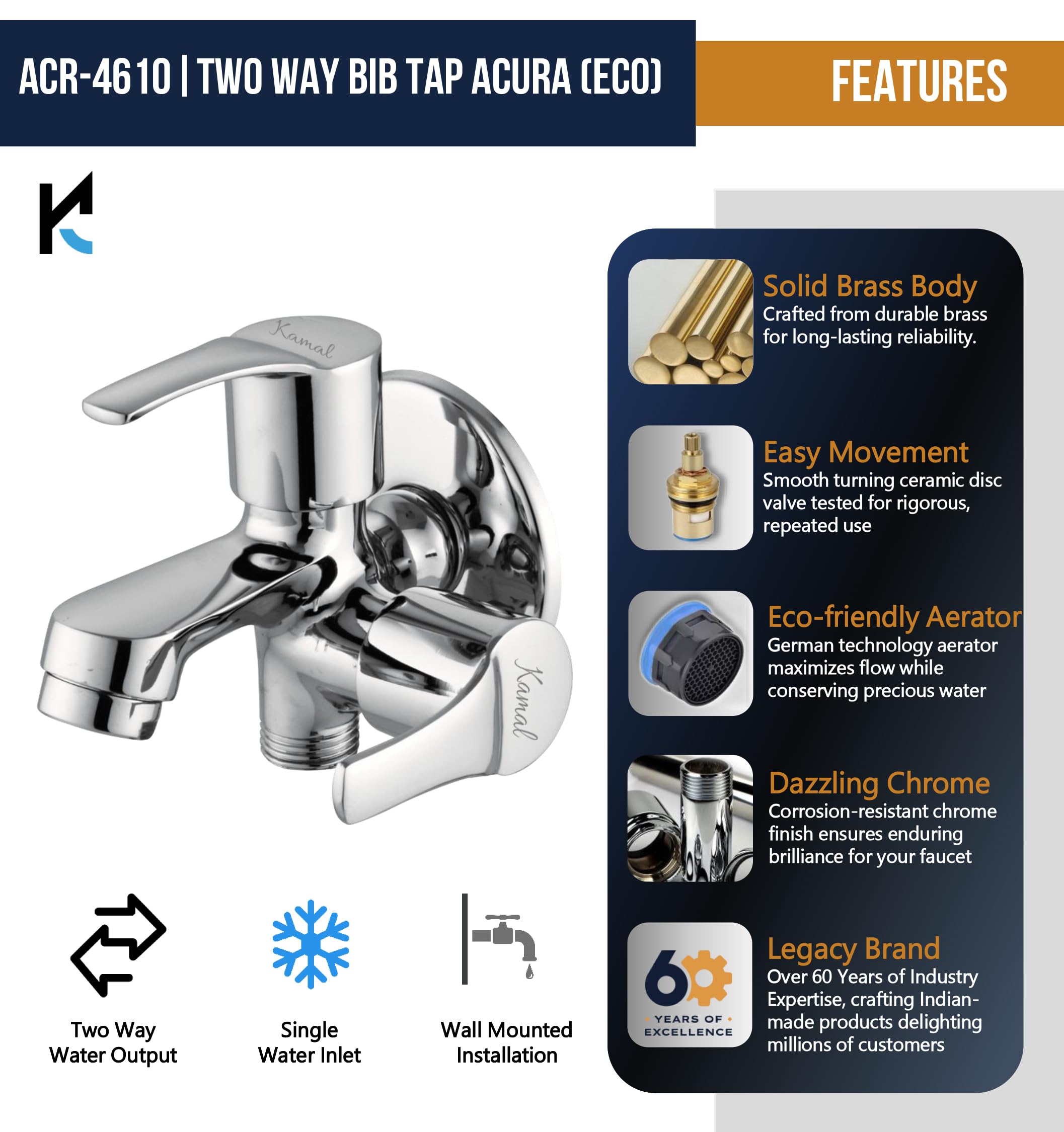 Acura Eco Two Way Bib Tap (Full Brass) - by Kamal